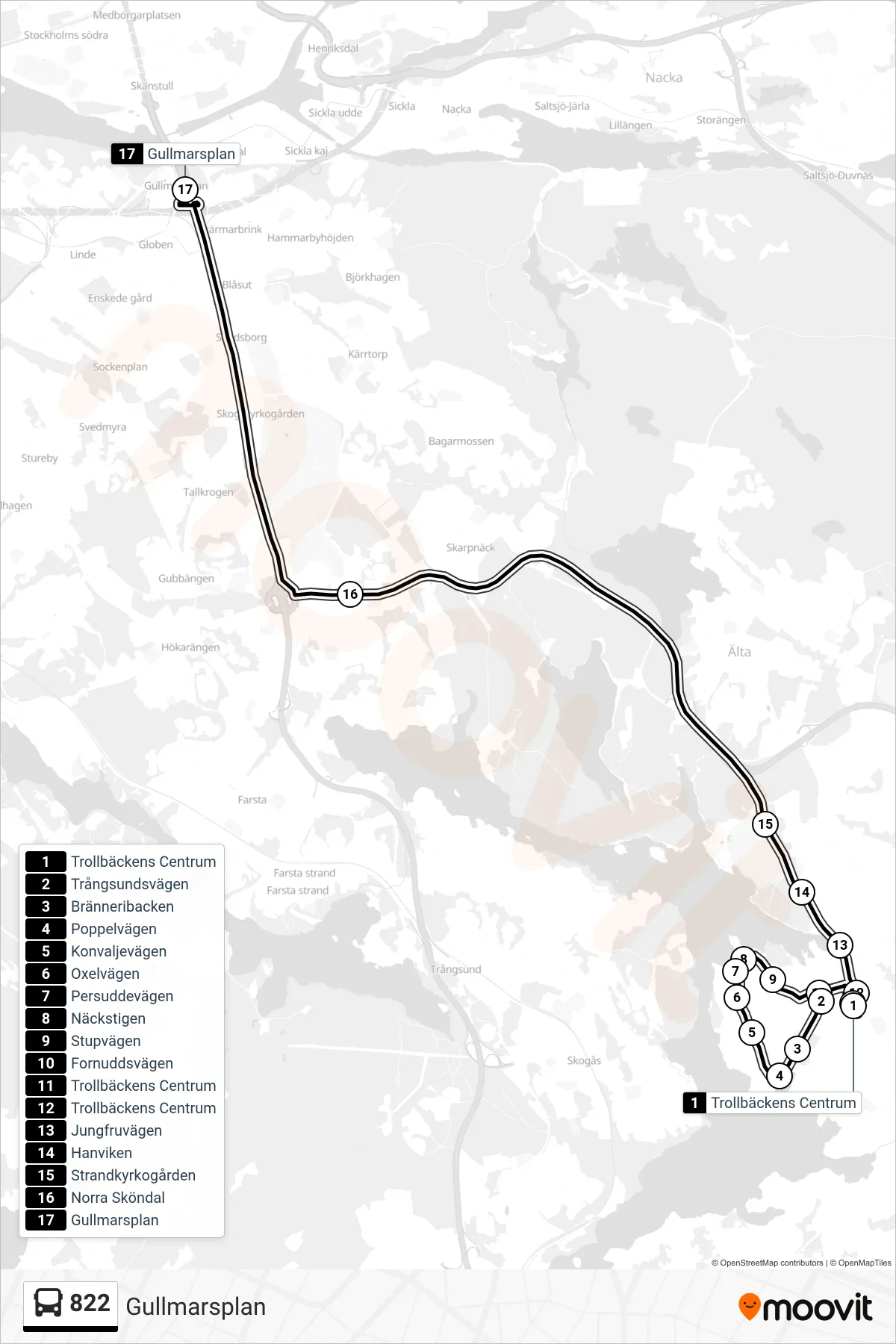 Rutt och hållplatser på karta för linje 822  buss, (Gullmarsplan)
