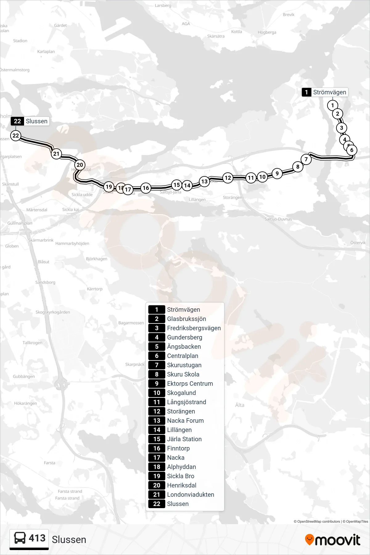 Rutt och hållplatser på karta för linje 413 buss, (Slussen)