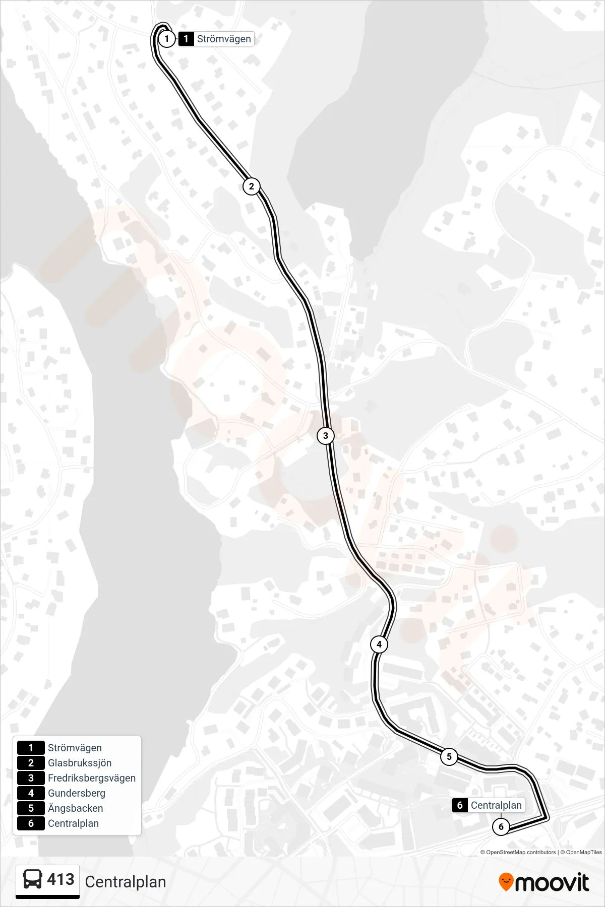 Rutt och hållplatser på karta för linje 413  buss, (Centralplan)