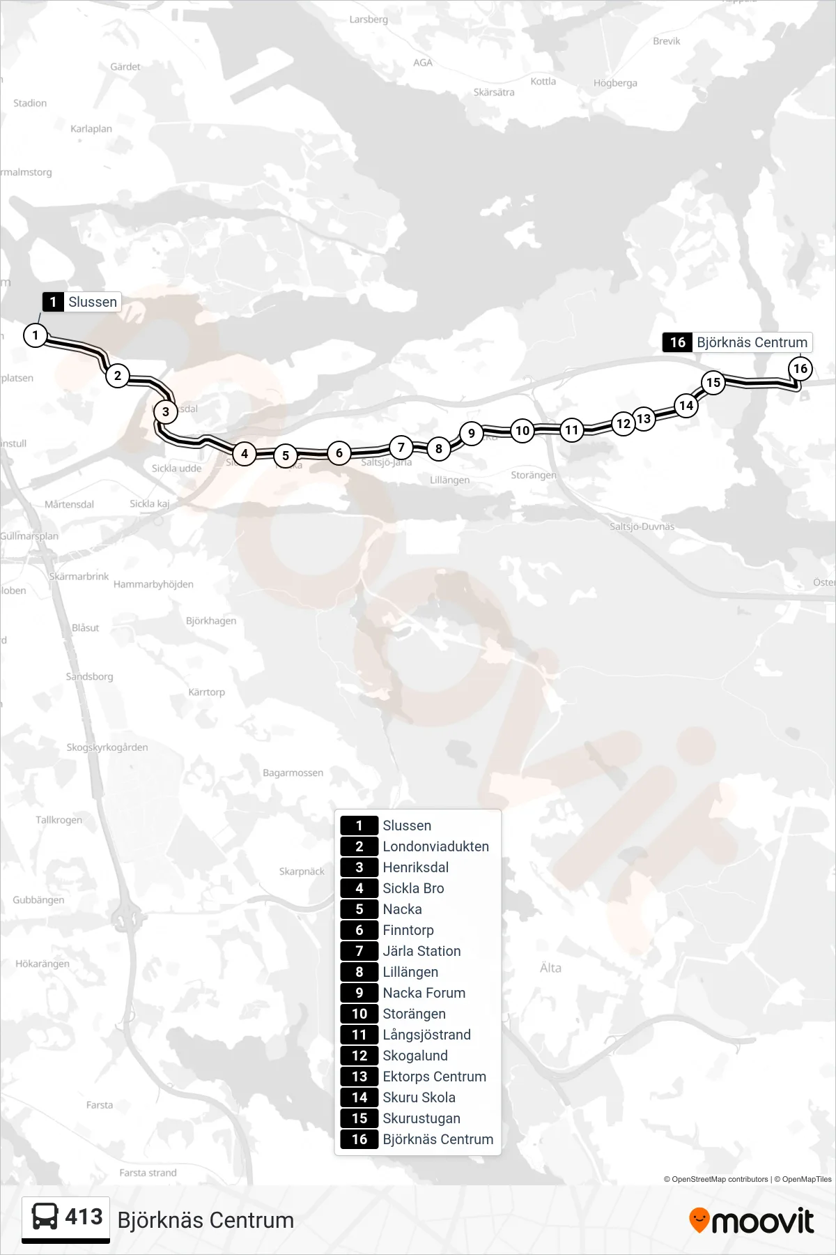 Rutt och hållplatser på karta för linje 413 buss, (Björknäs Centrum)