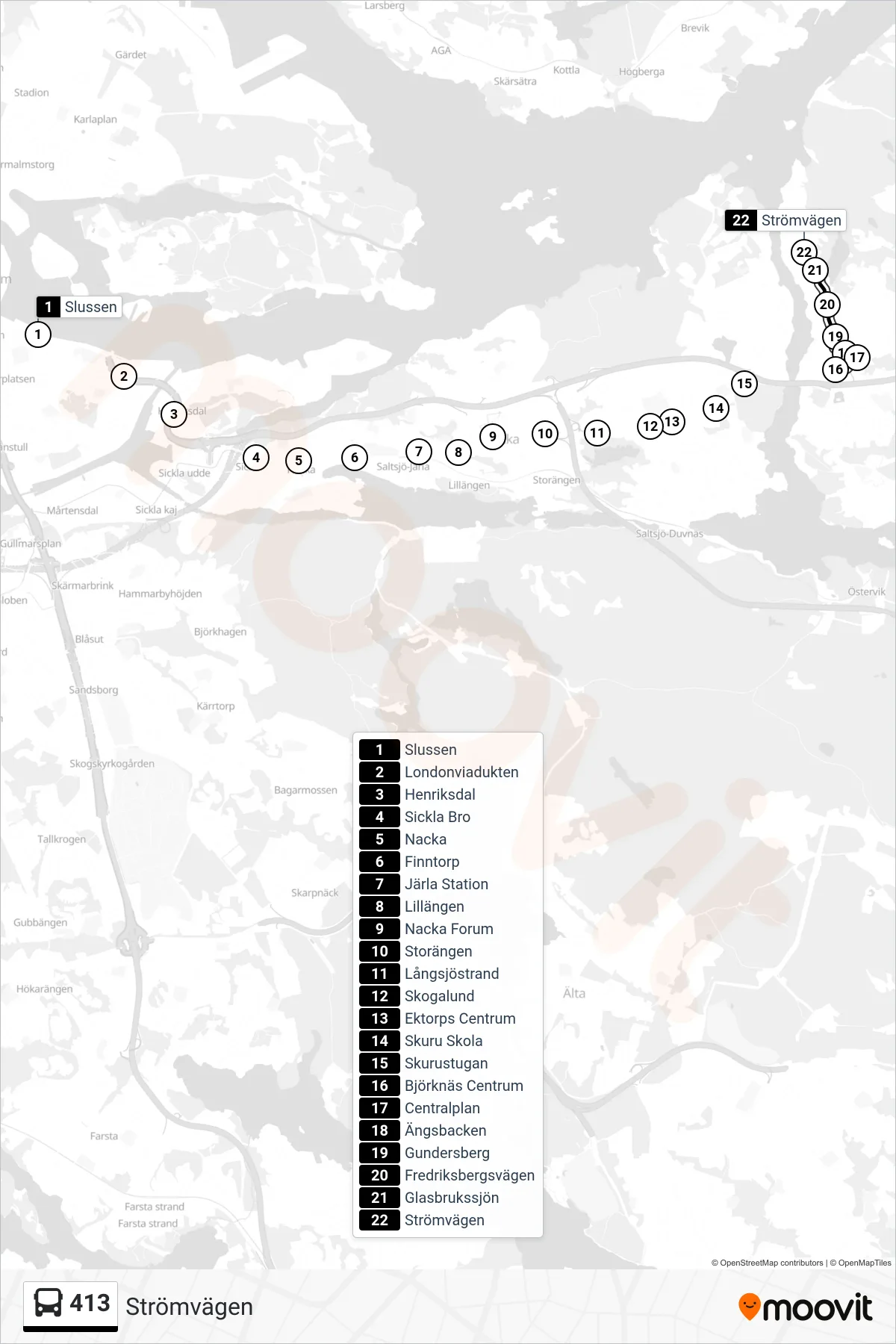 Rutt och hållplatser på karta för linje 413 buss, (Strömvägen)