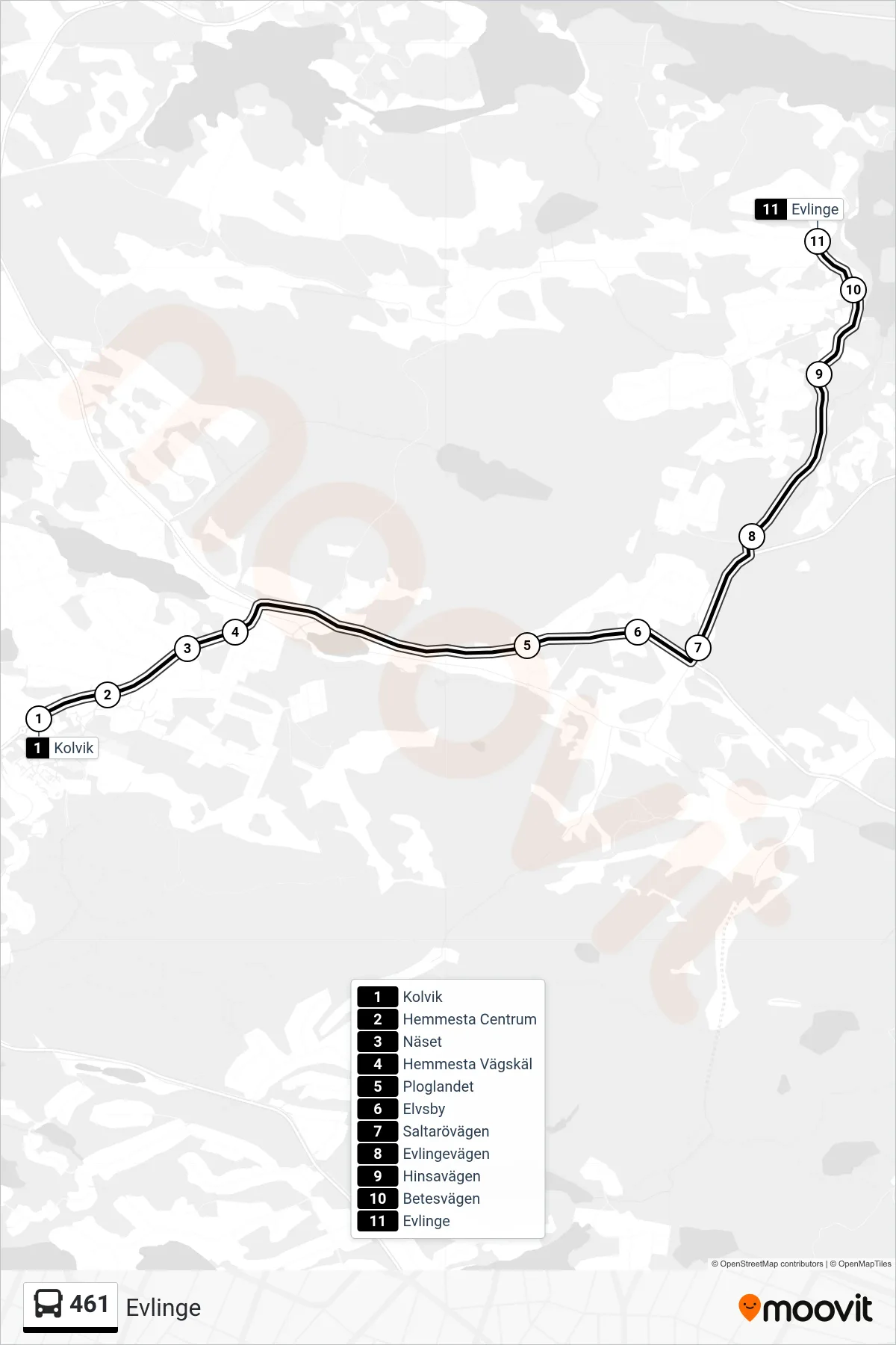Rutt och hållplatser på karta för linje 461 buss, (Evlinge)