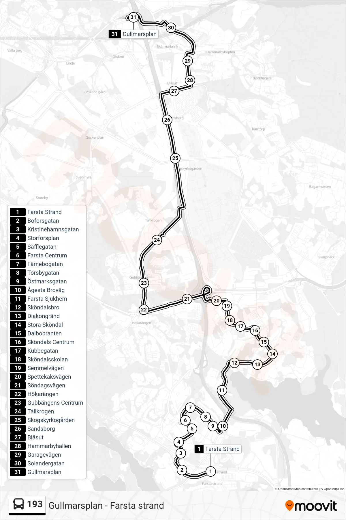 Rutt och hållplatser på karta för linje 193  buss, (Gullmarsplan)