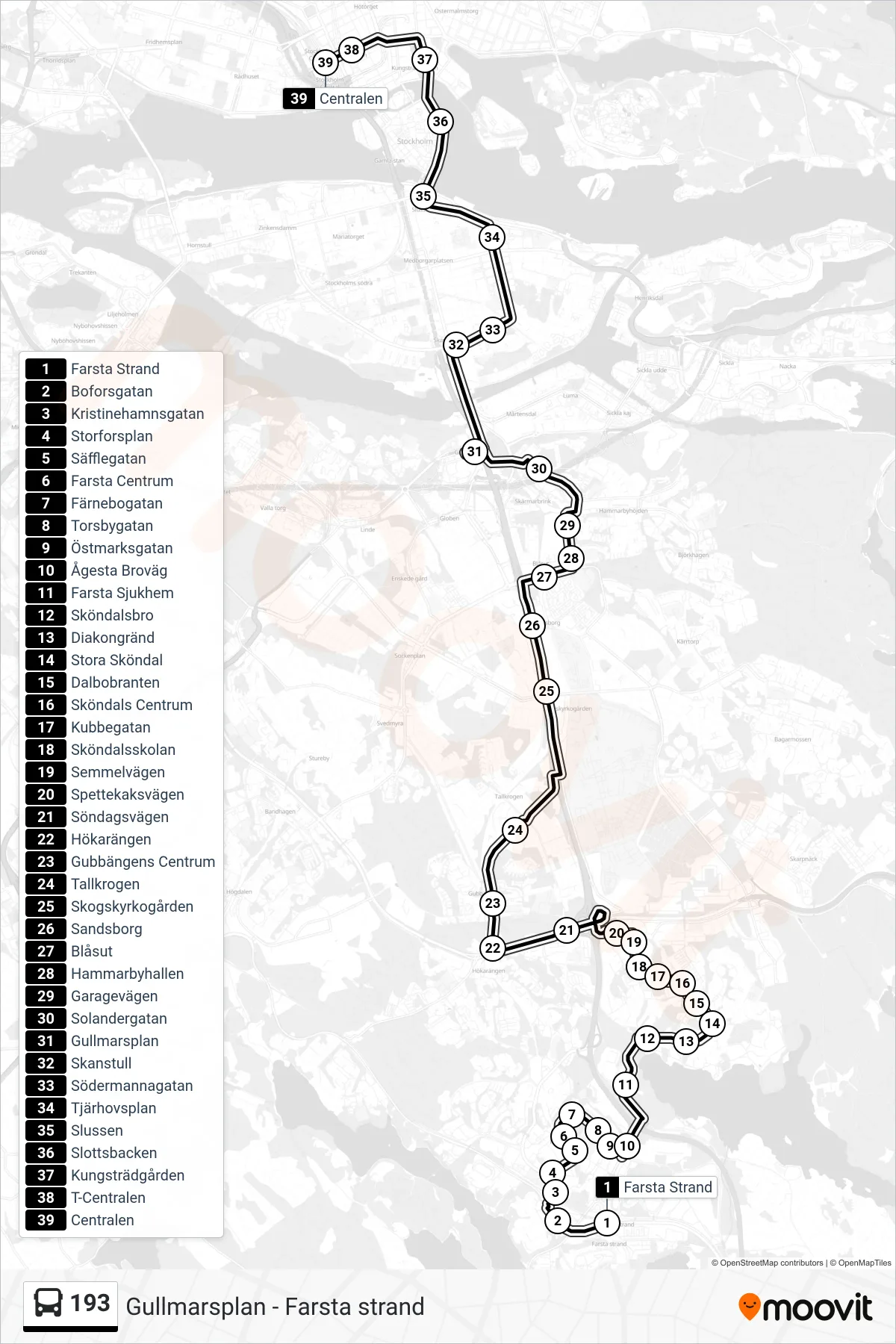 Rutt och hållplatser på karta för linje 193  buss, (Centralen)