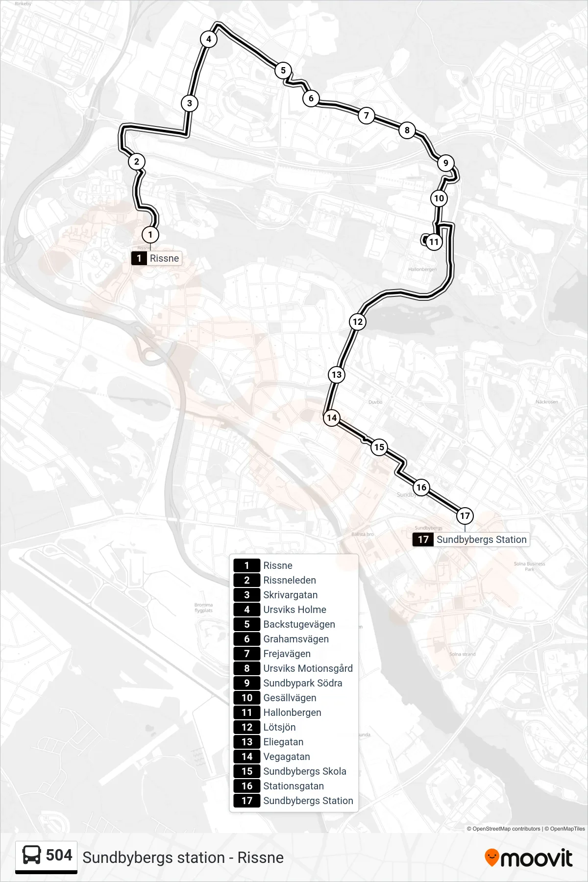 Rutt och hållplatser på karta för linje 504 buss, (Sundbybergs Station)
