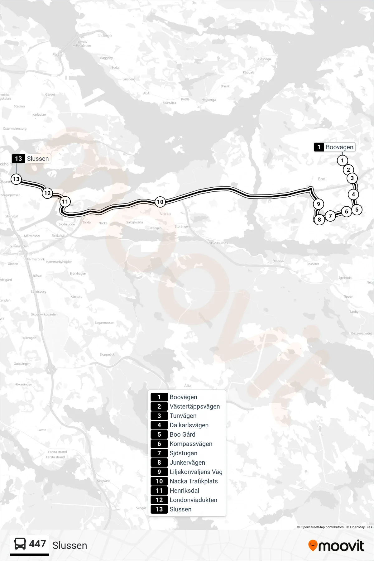 Rutt och hållplatser på karta för linje 447 buss, (Slussen)