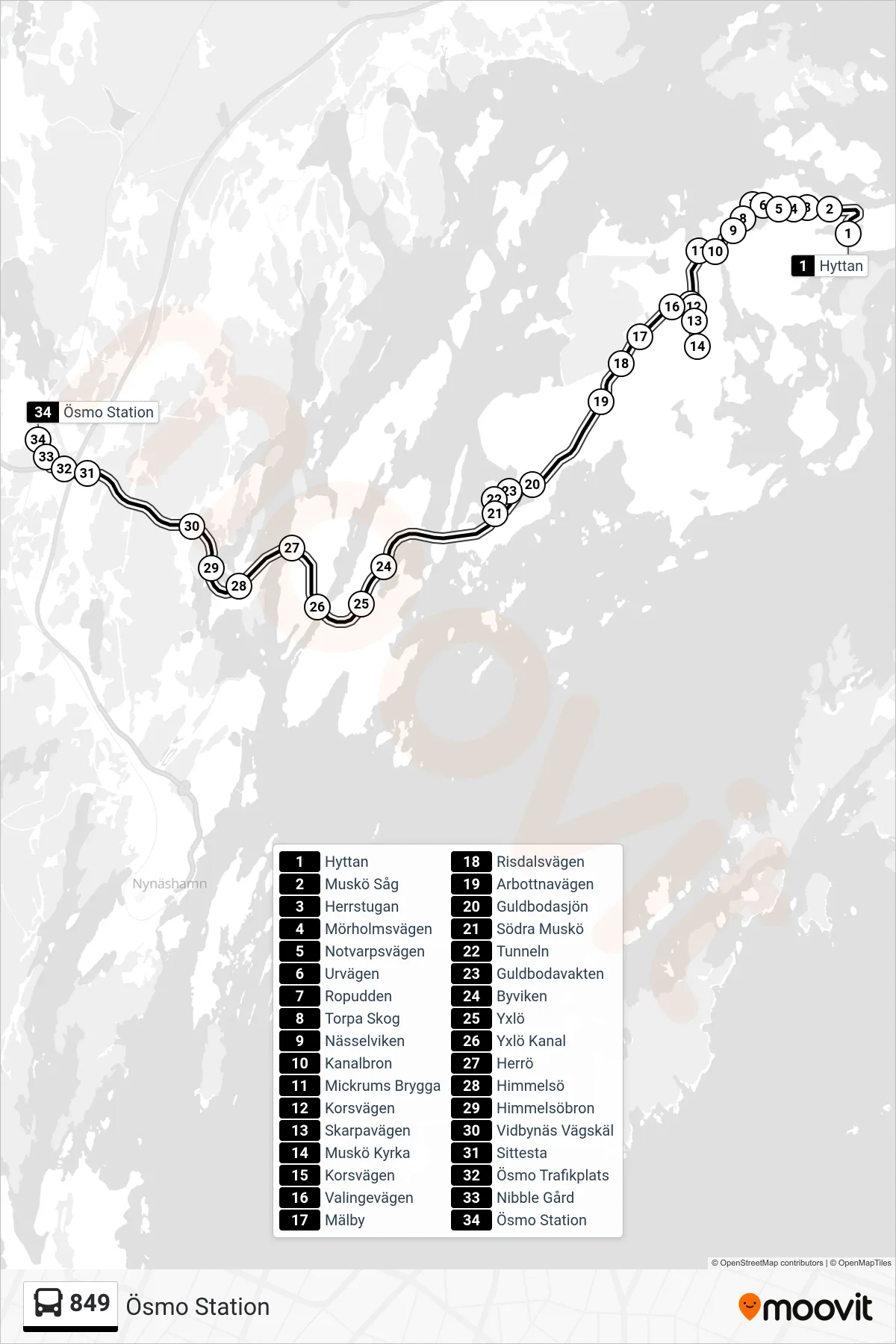 Rutt och hållplatser på karta för linje 849 buss, (Ösmo Station)