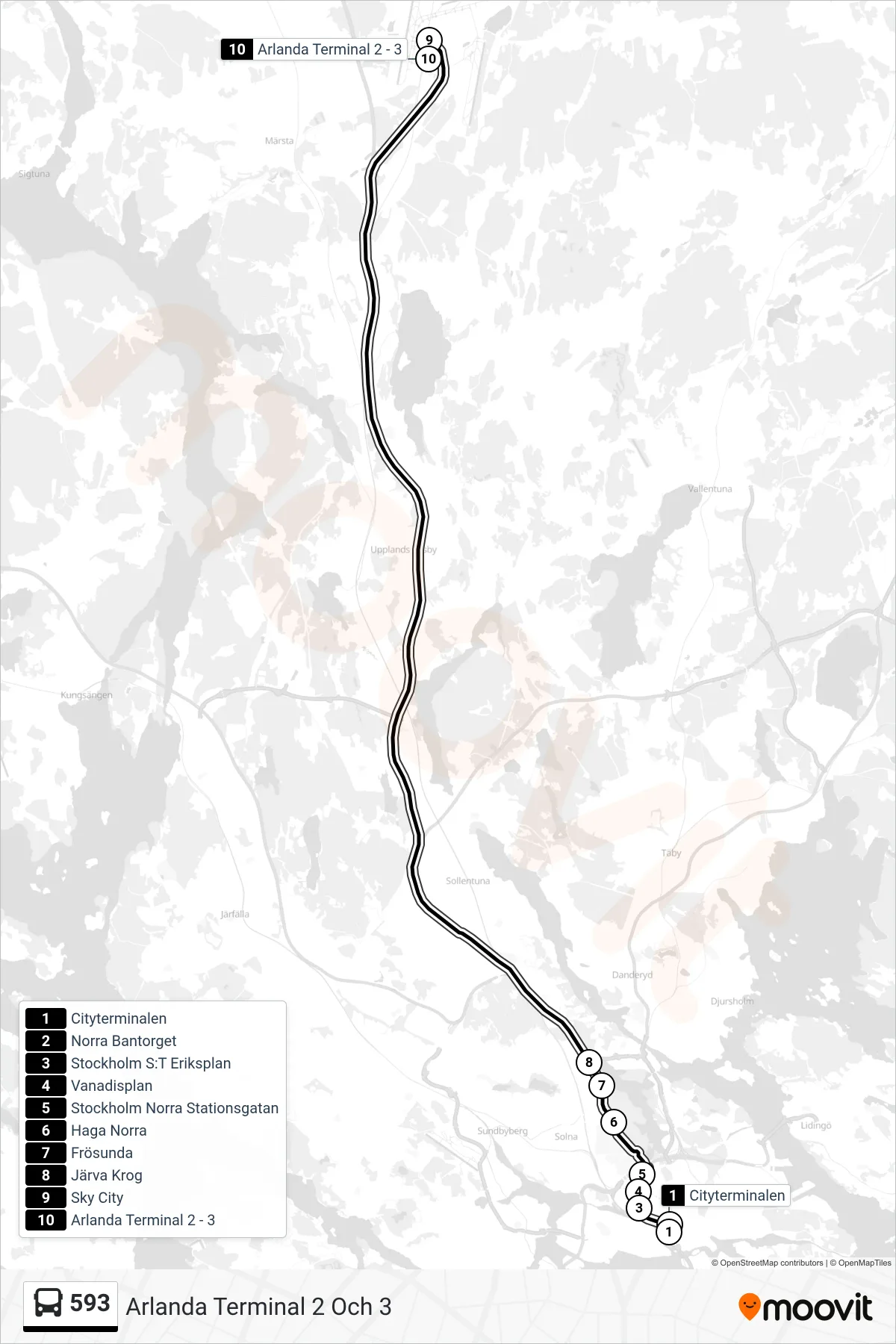 Rutt och hållplatser på karta för linje 593 buss, (Arlanda Terminal 2 Och 3)