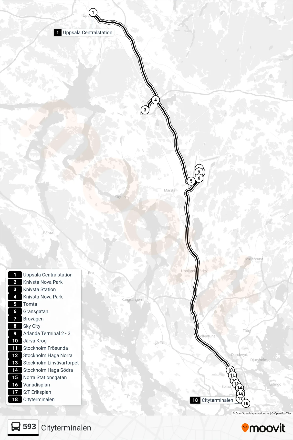 Rutt och hållplatser på karta för linje 593 buss, (Cityterminalen)