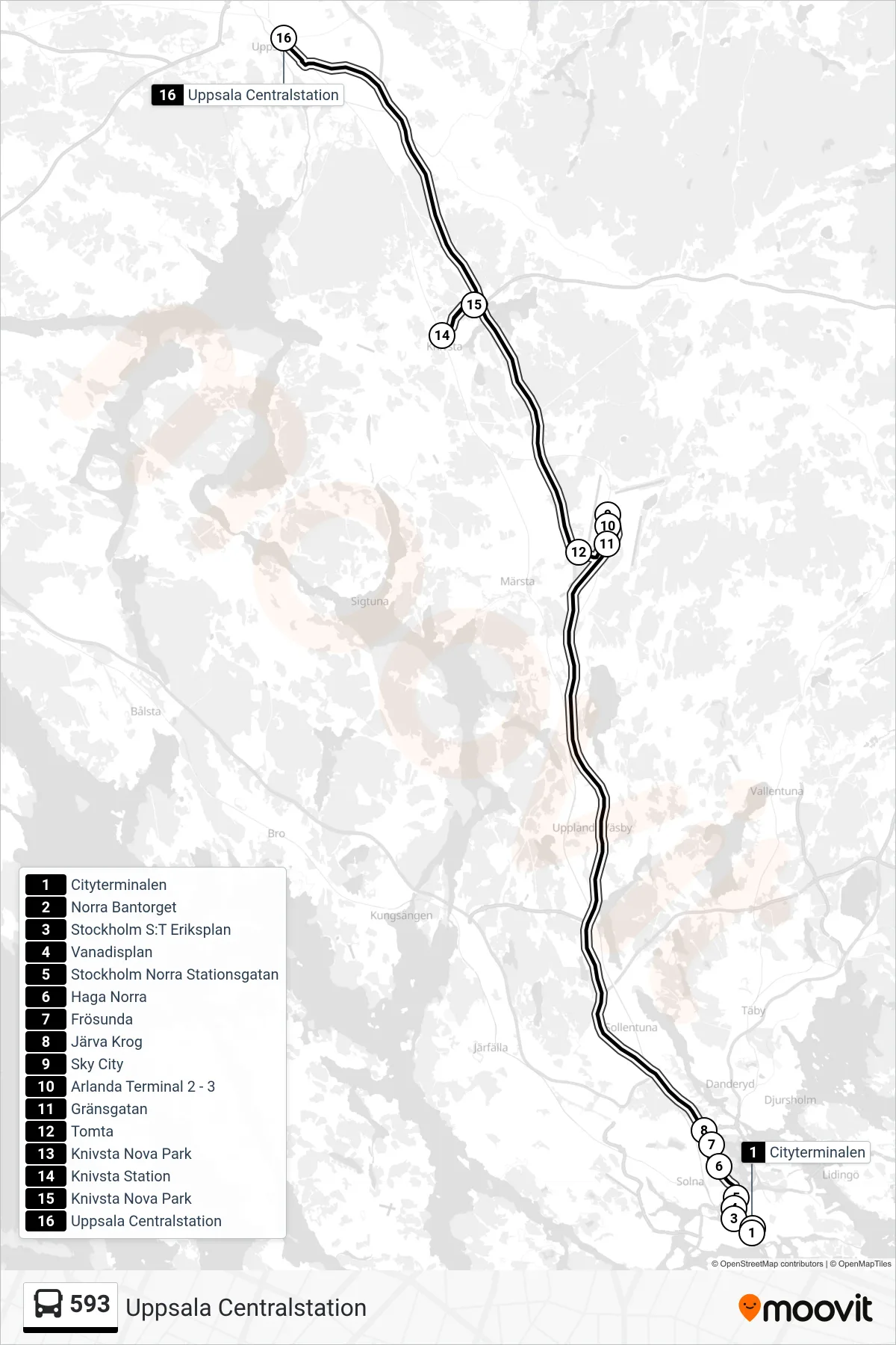 Rutt och hållplatser på karta för linje 593 buss, (Uppsala Centralstation)