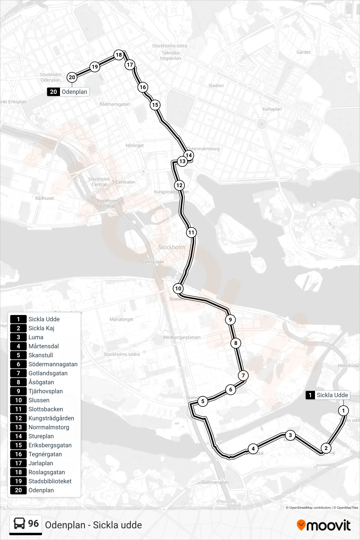 Rutt och hållplatser på karta för linje 96 buss, (Odenplan)