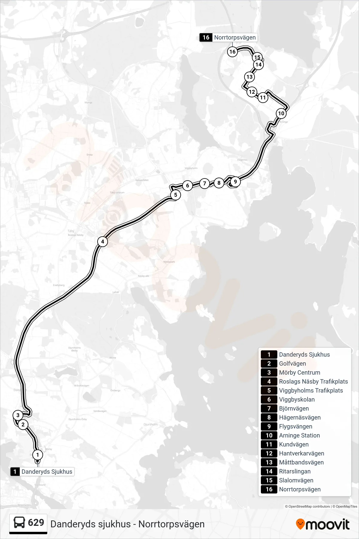 Rutt och hållplatser på karta för linje 629  buss, (Norrtorpsvägen)