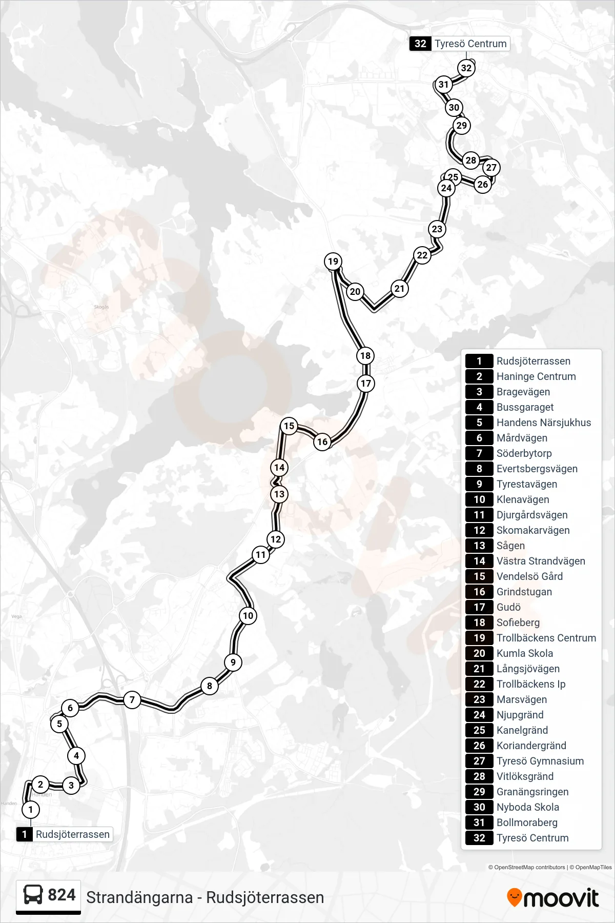 Rutt och hållplatser på karta för linje 824  buss, (Tyresö Centrum)