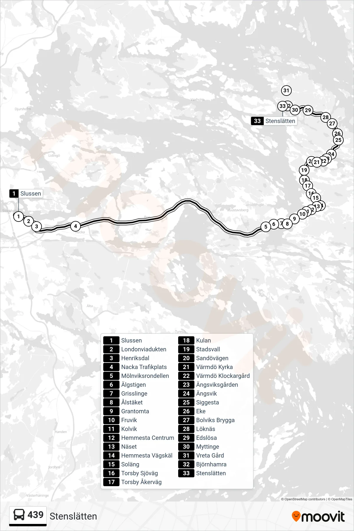 Rutt och hållplatser på karta för linje 439  buss, (Stenslätten)
