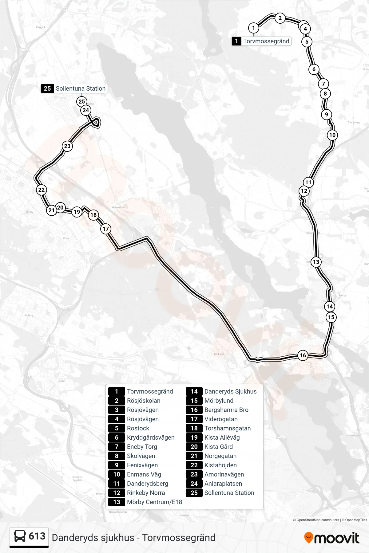 Rutt och hållplatser på karta för linje 613  buss, (Sollentuna Station)