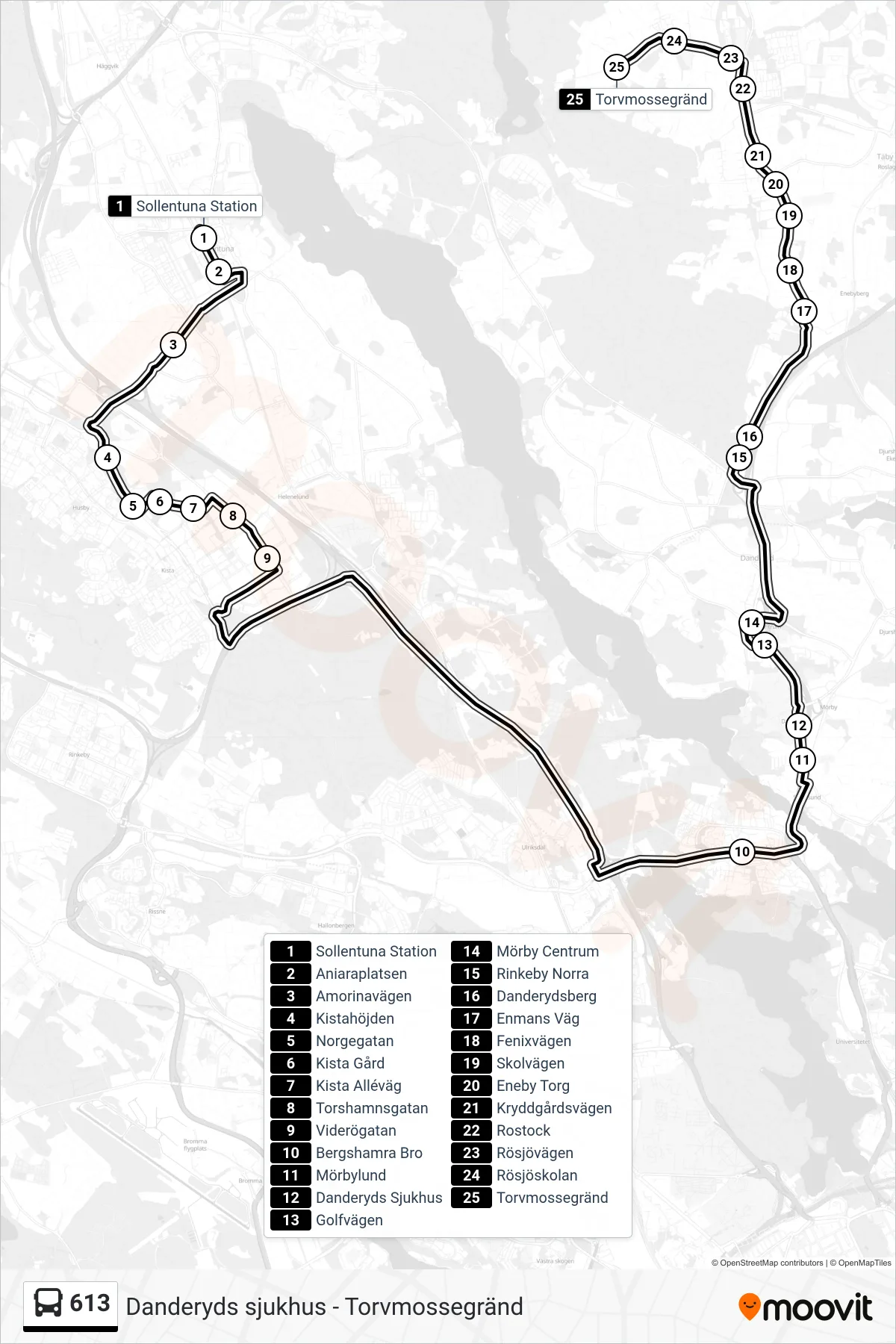 Rutt och hållplatser på karta för linje 613 buss, (Torvmossegränd)