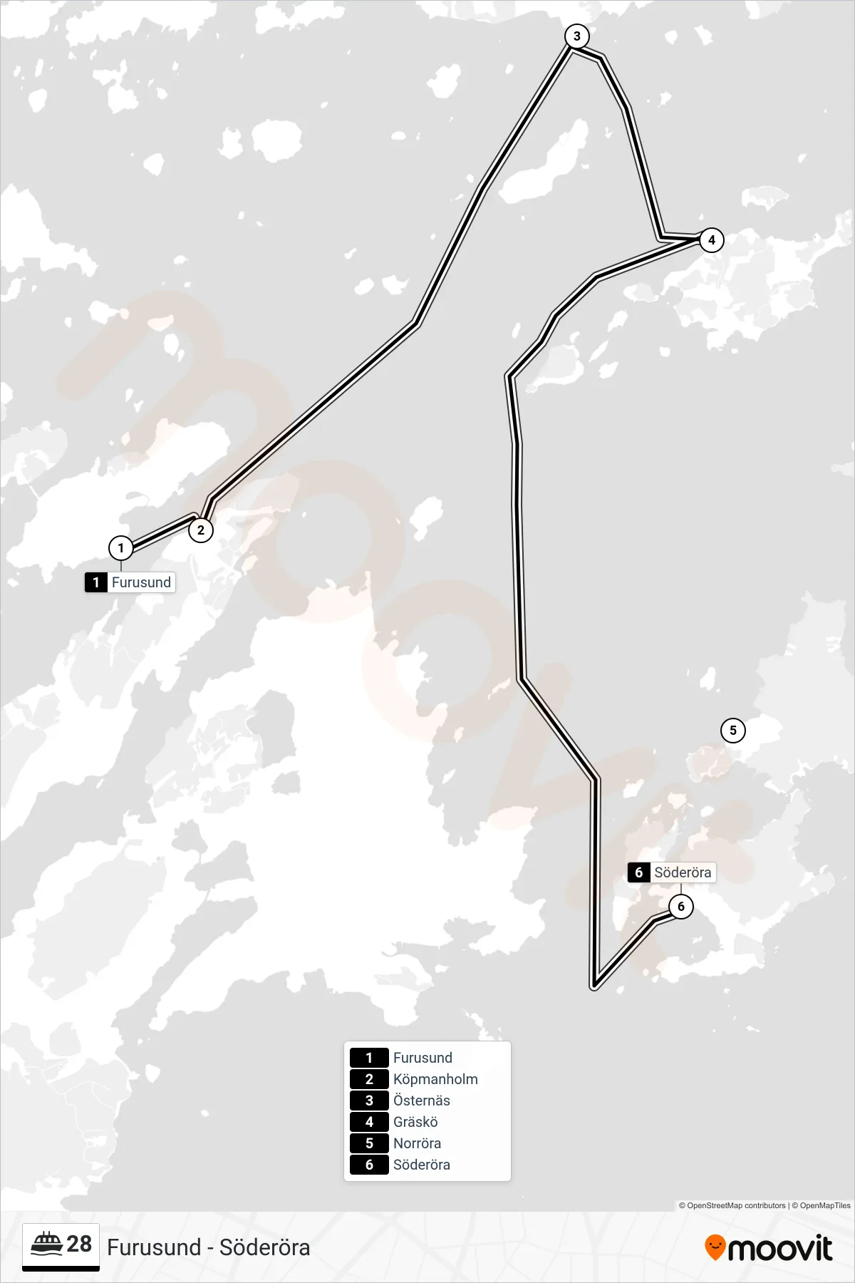 Rutt och hållplatser på karta för linje 28  färja, (Söderöra)