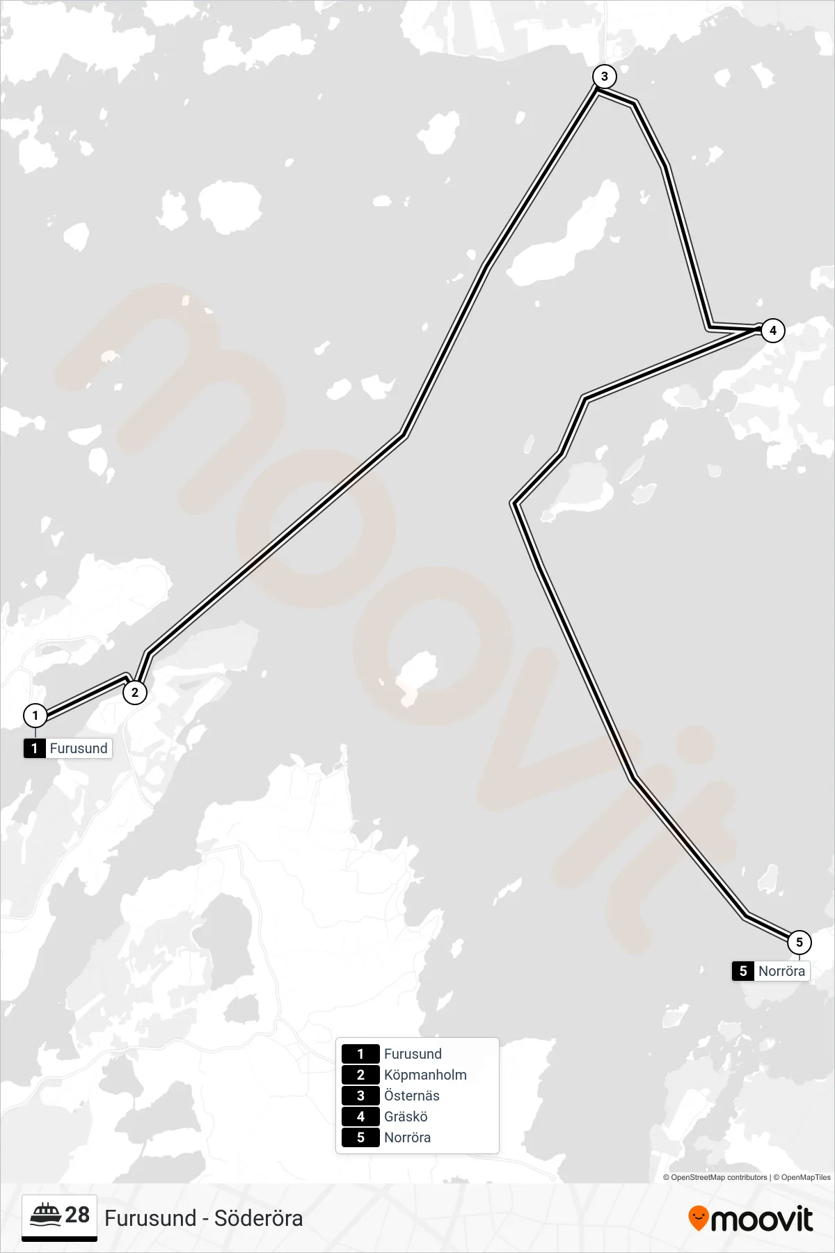 Rutt och hållplatser på karta för linje 28 färja, (Norröra)
