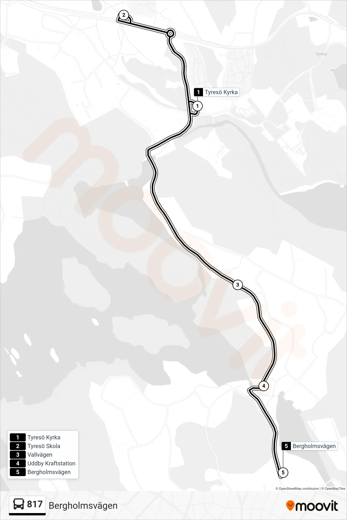 Rutt och hållplatser på karta för linje 817 buss, (Bergholmsvägen)