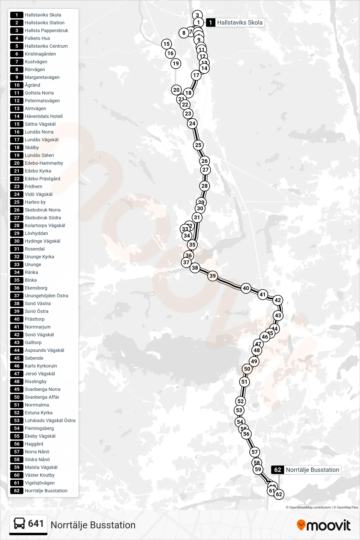 Rutt och hållplatser på karta för linje 641  buss, (Norrtälje Busstation)