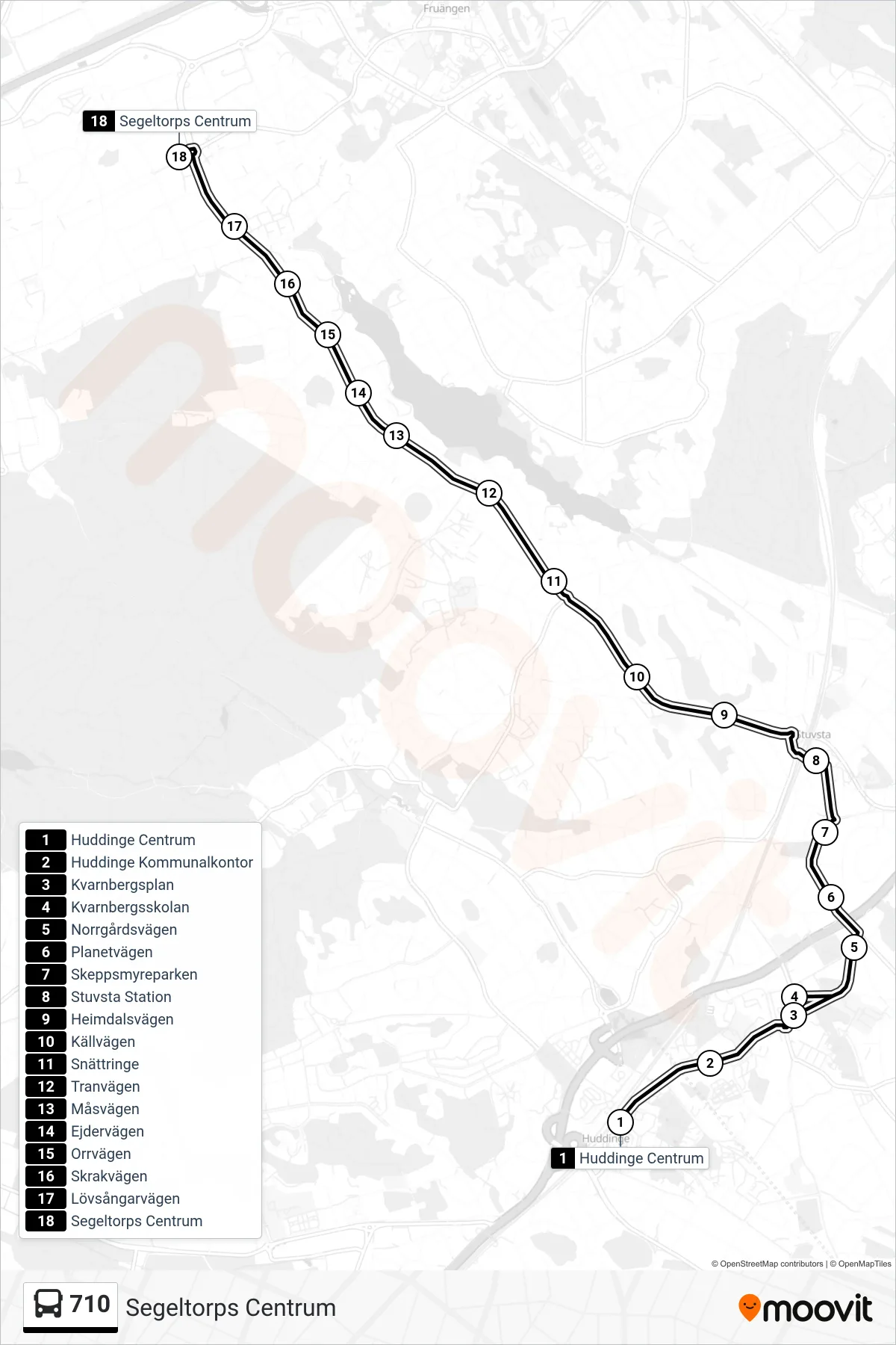 Rutt och hållplatser på karta för linje 710  buss, (Segeltorps Centrum)