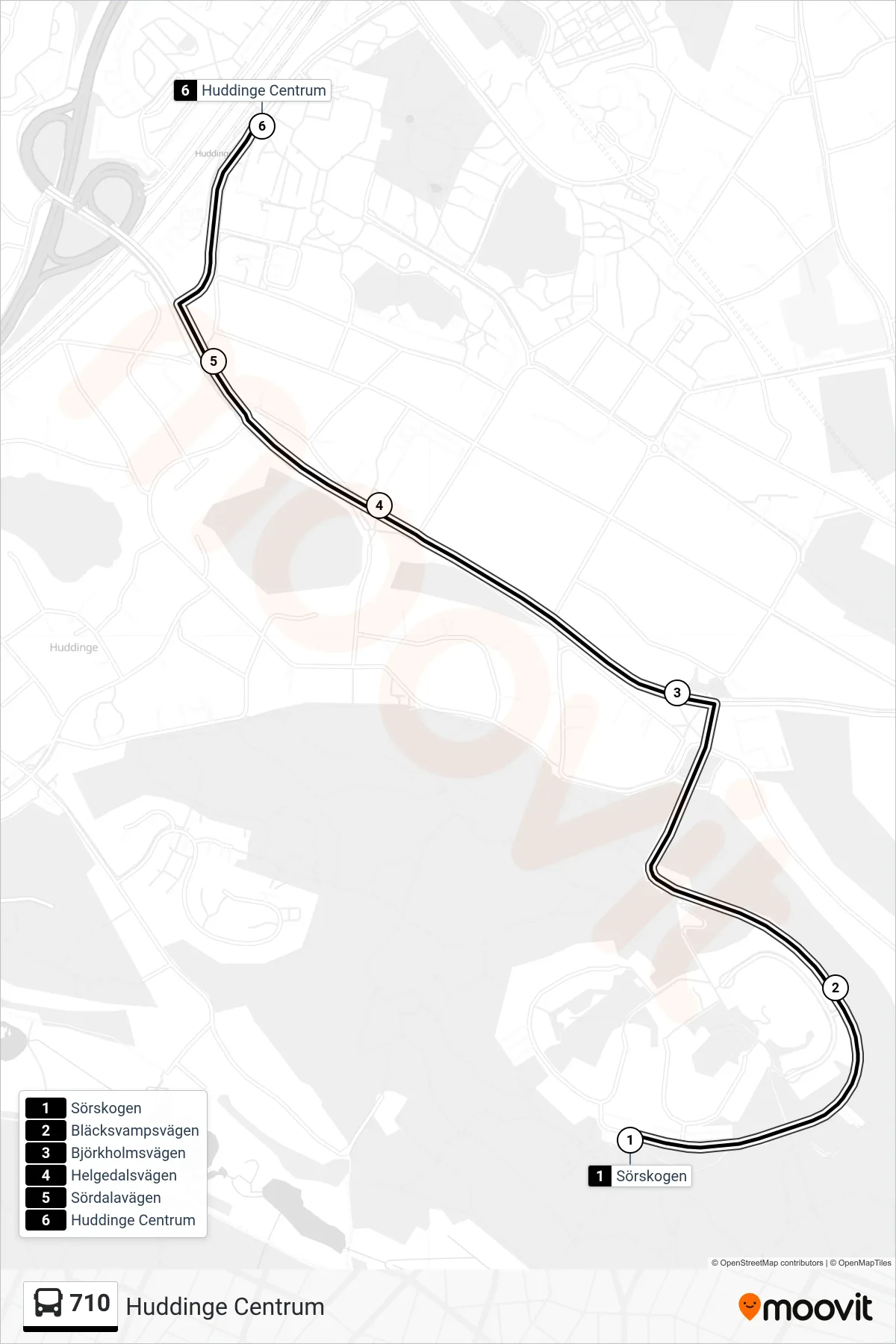 Rutt och hållplatser på karta för linje 710 buss, (Huddinge Centrum)