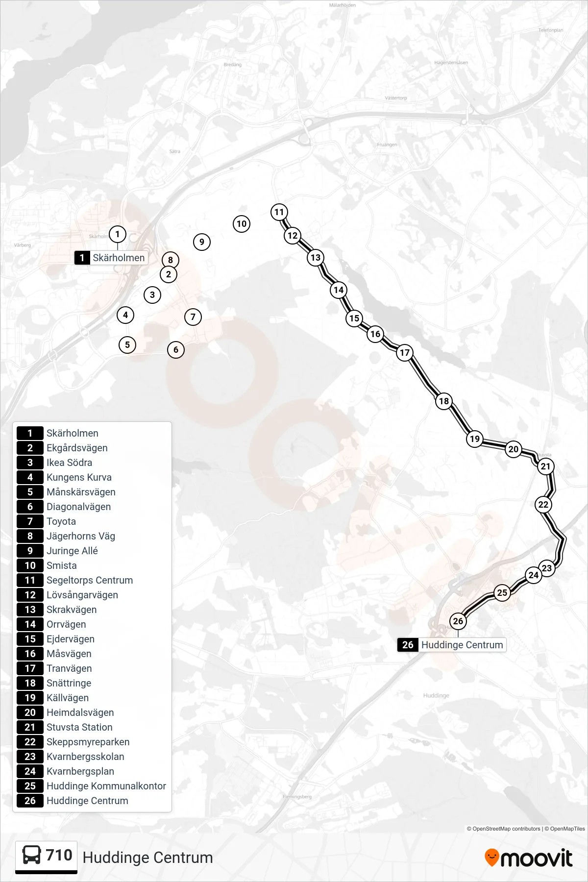 Rutt och hållplatser på karta för linje 710 buss, (Huddinge Centrum)