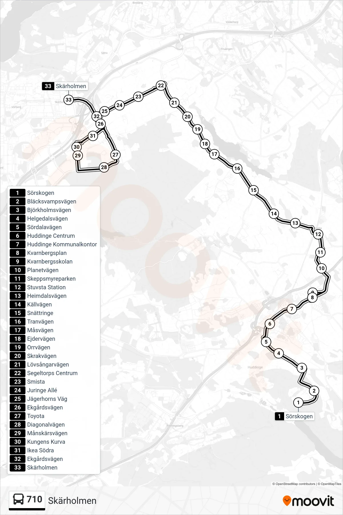 Rutt och hållplatser på karta för linje 710 buss, (Skärholmen)
