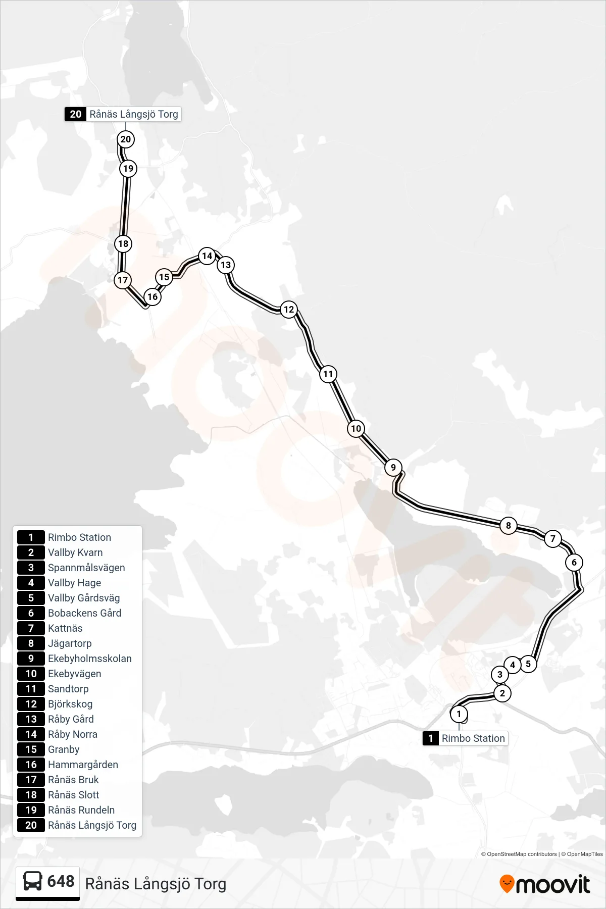 Rutt och hållplatser på karta för linje 648 buss, (Rånäs Långsjö Torg)