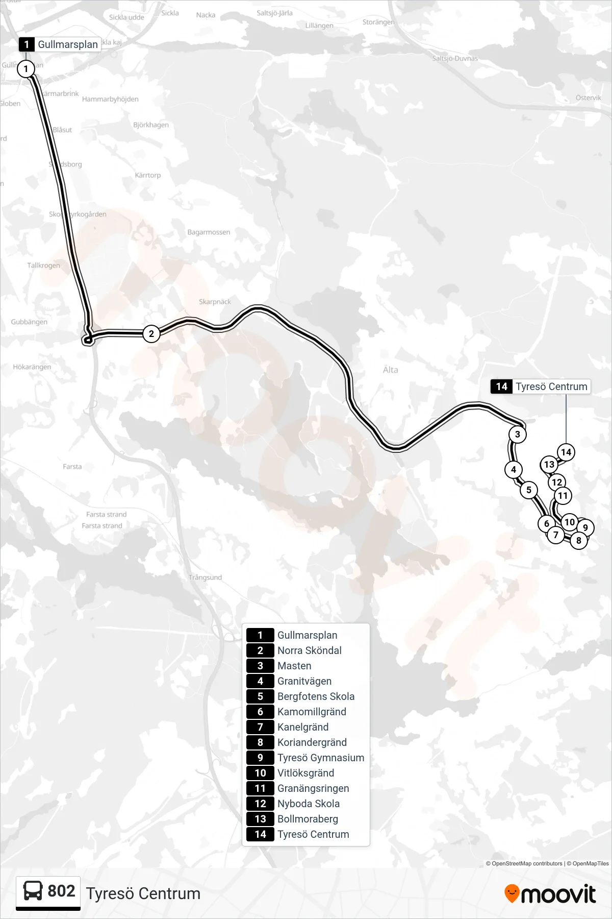 Rutt och hållplatser på karta för linje 802 buss, (Tyresö Centrum)