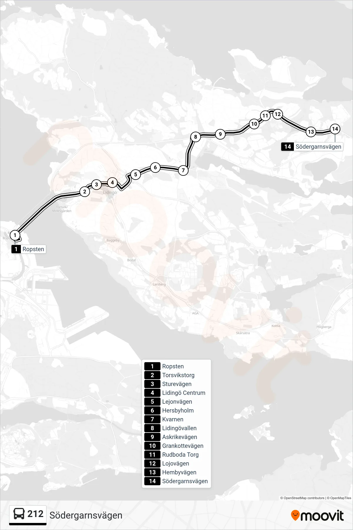 Rutt och hållplatser på karta för linje 212  buss, (Södergarnsvägen)