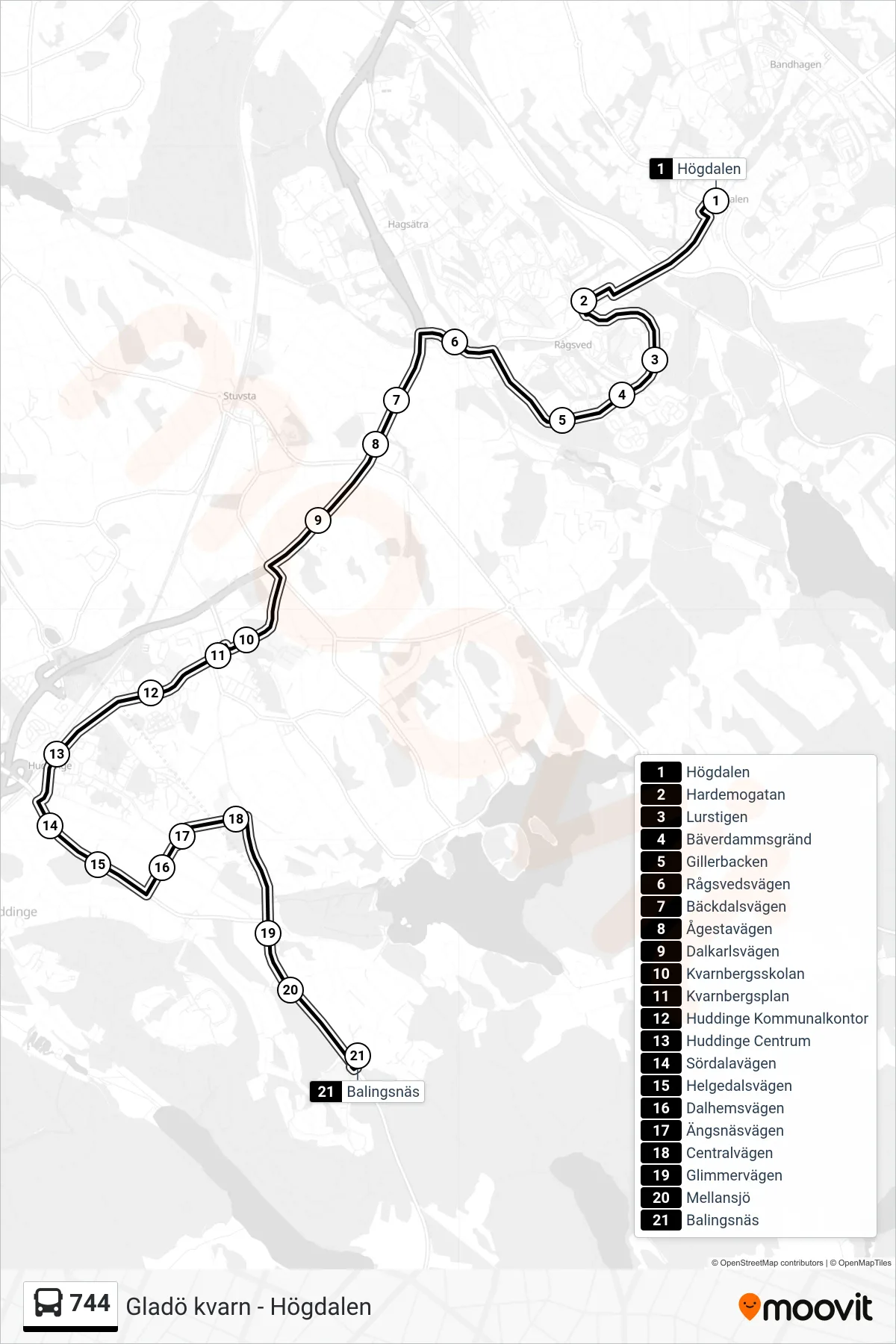Rutt och hållplatser på karta för linje 744 buss, (Balingsnäs)