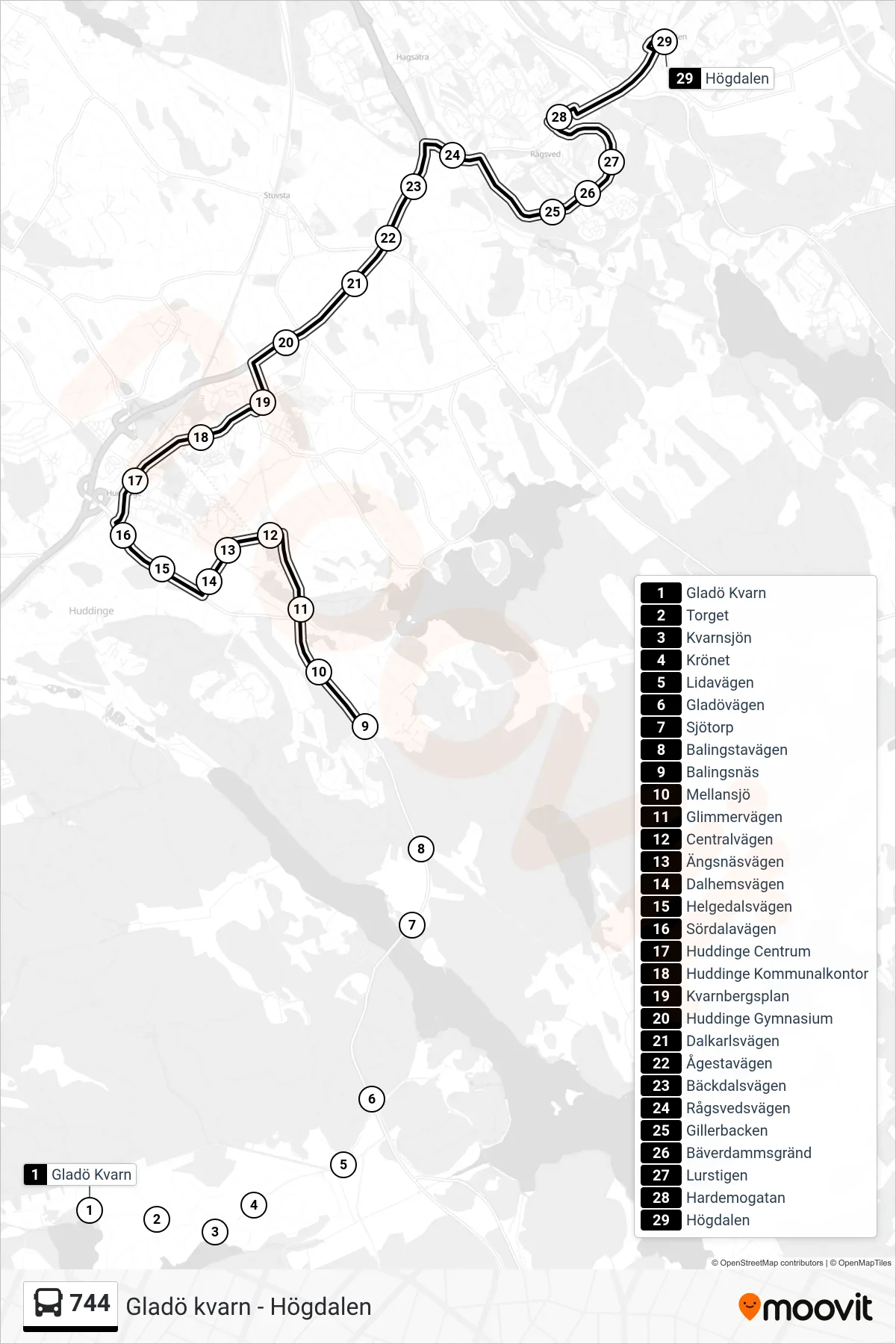 Rutt och hållplatser på karta för linje 744  buss, (Högdalen)