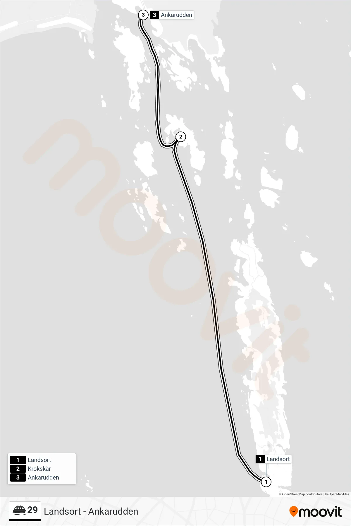 Rutt och hållplatser på karta för linje 29 färja, (Ankarudden)