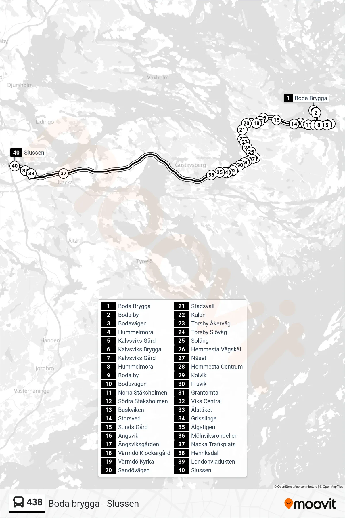 Rutt och hållplatser på karta för linje 438 buss, (Slussen)