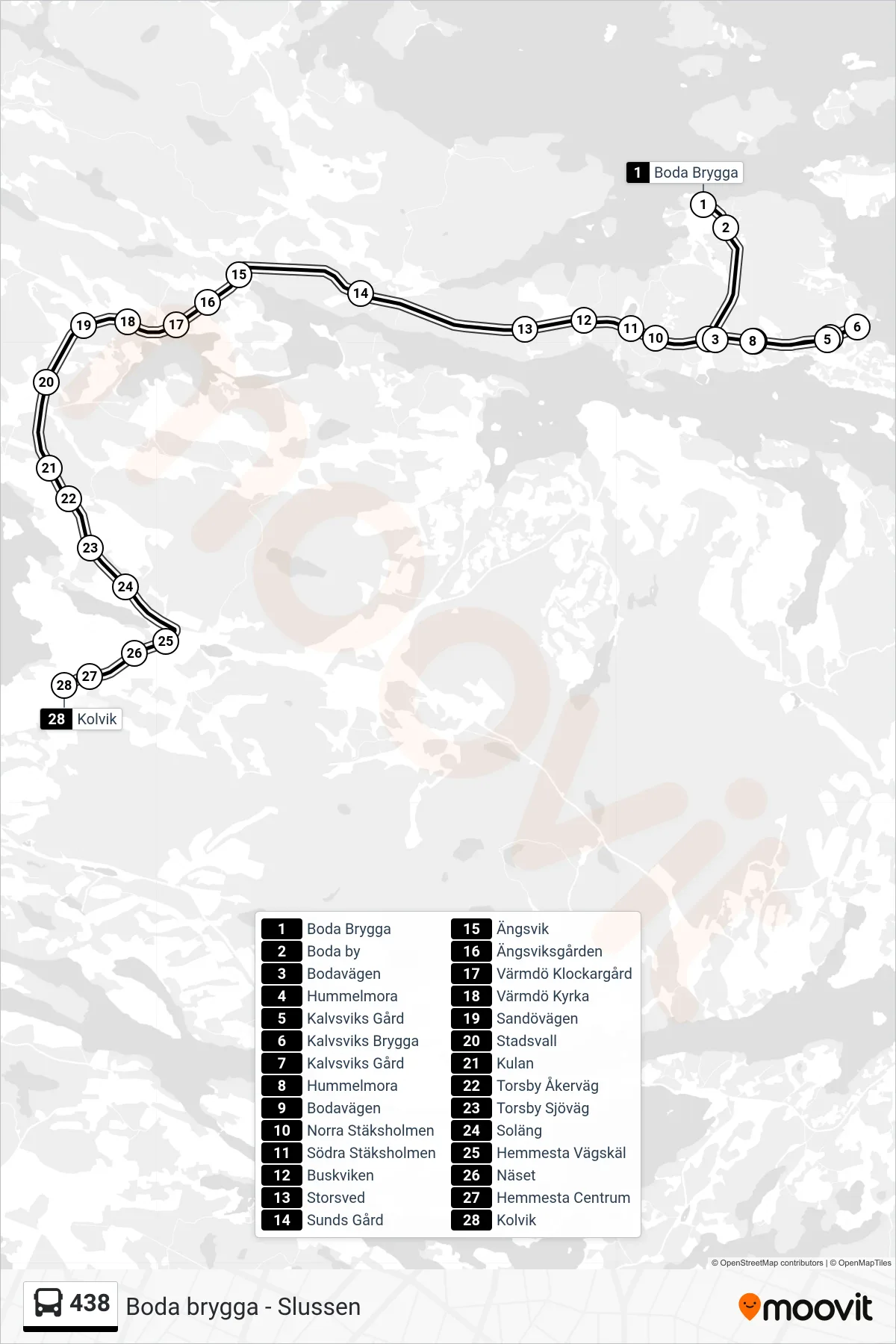 Rutt och hållplatser på karta för linje 438 buss, (Kolvik)