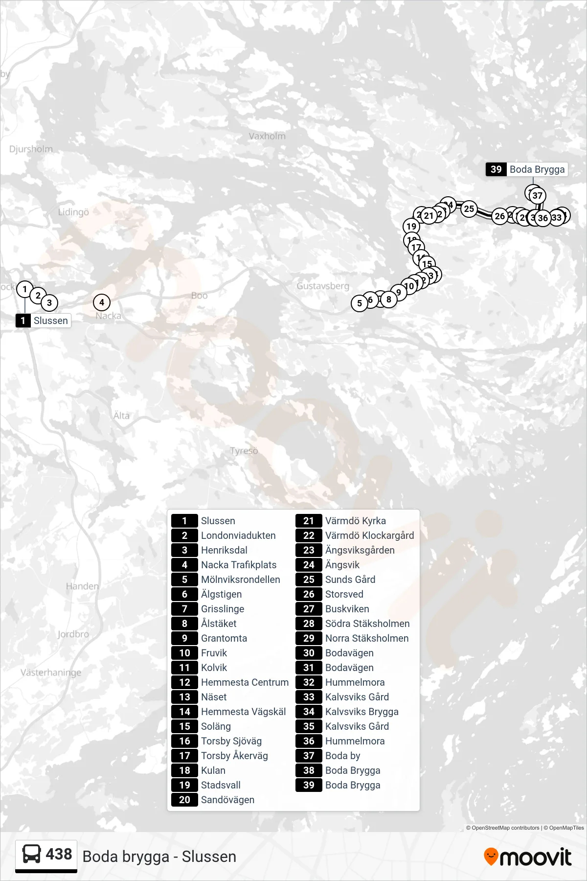 Rutt och hållplatser på karta för linje 438  buss, (Boda Brygga)