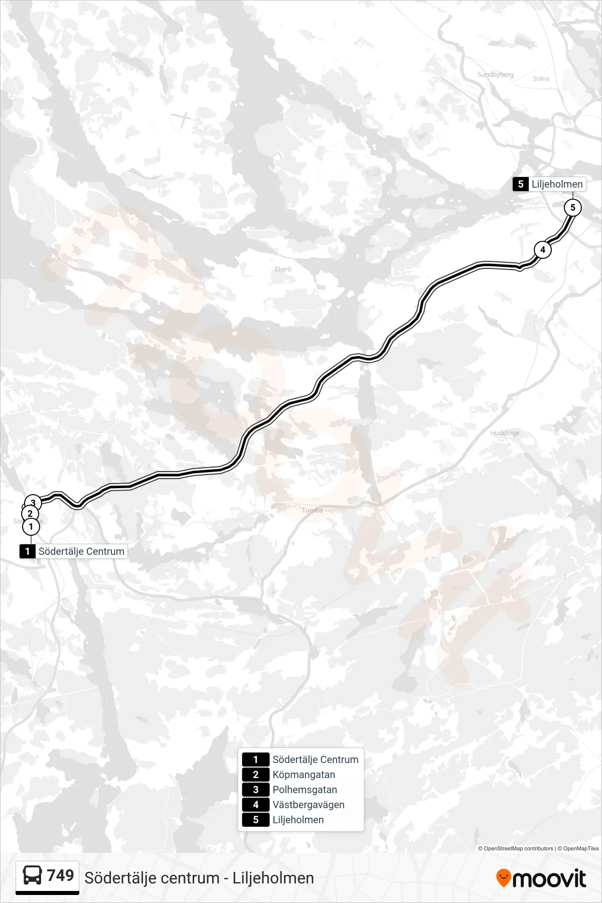 Rutt och hållplatser på karta för linje 749 buss, (Liljeholmen)