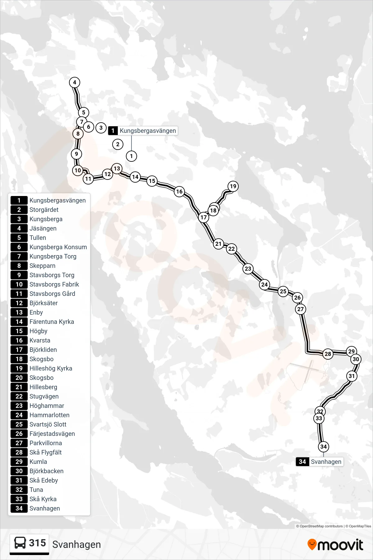 Rutt och hållplatser på karta för linje 315 buss, (Svanhagen)