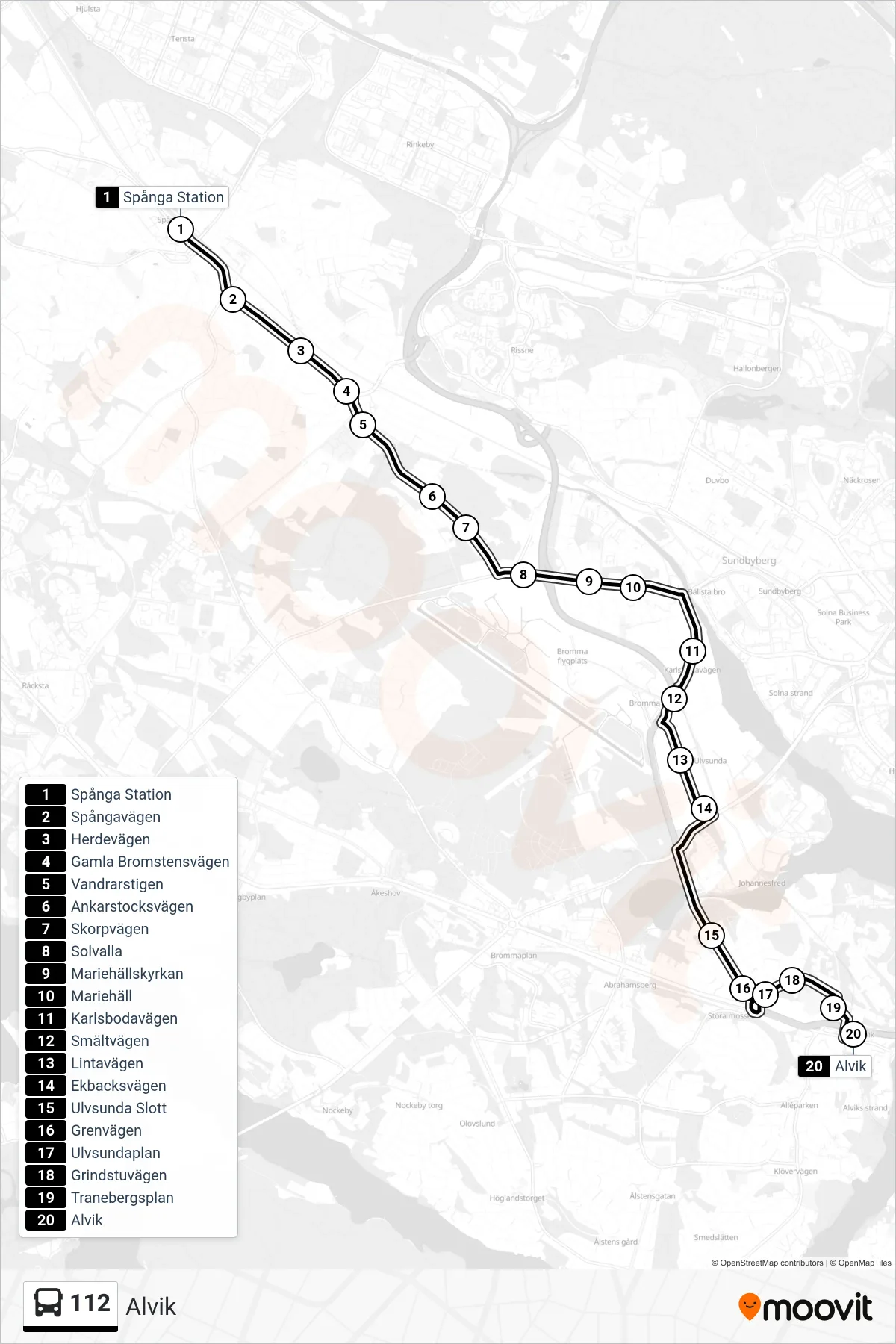 Rutt och hållplatser på karta för linje 112 buss, (Alvik)
