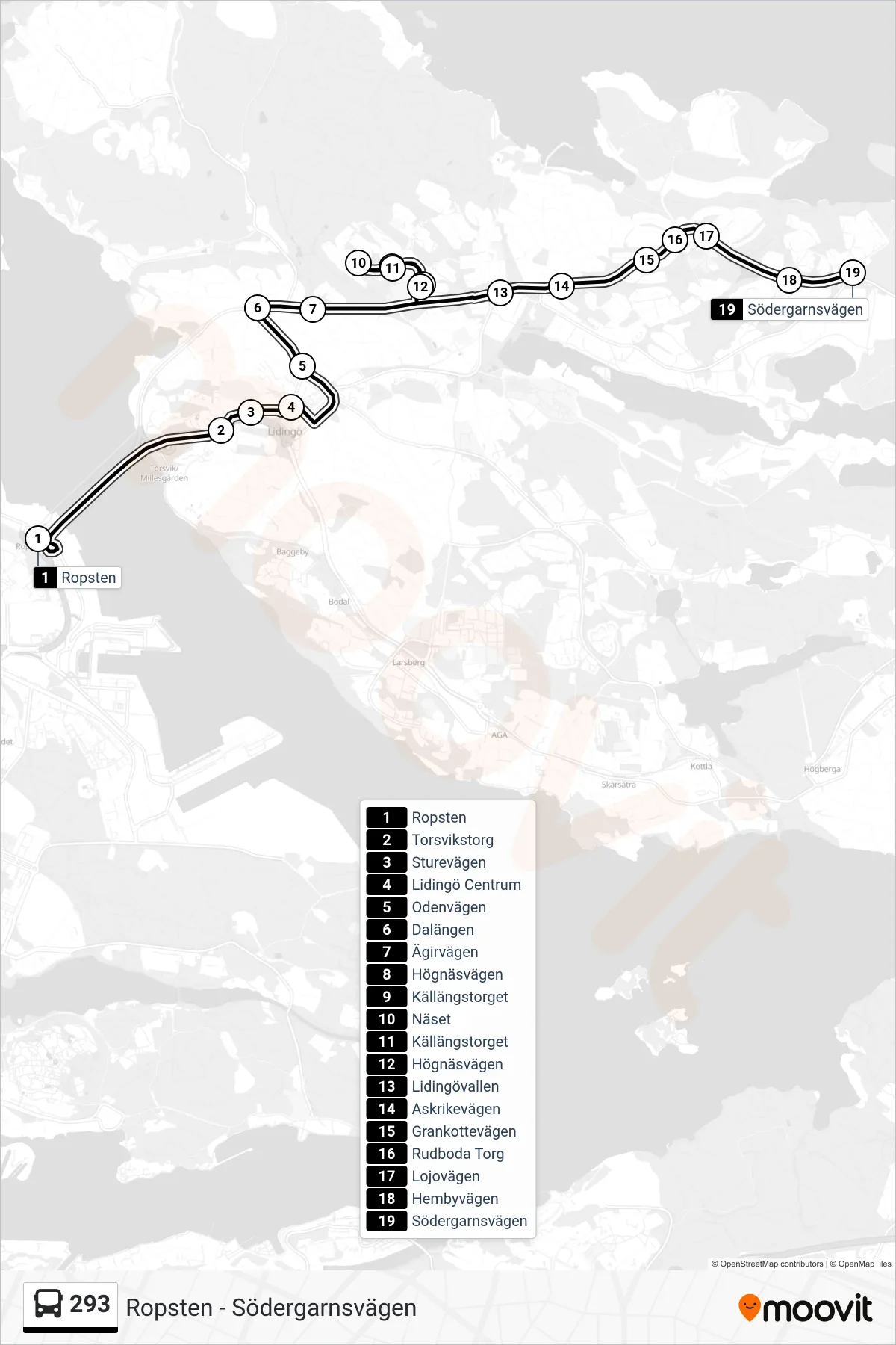 Rutt och hållplatser på karta för linje 293 buss, (Södergarnsvägen)