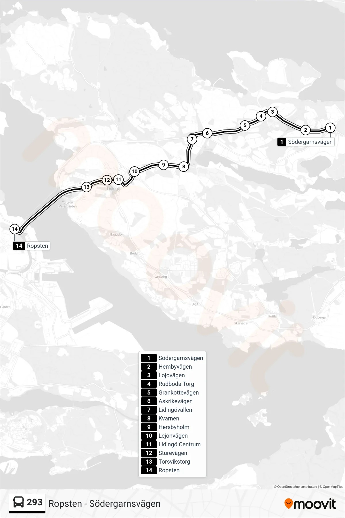 Rutt och hållplatser på karta för linje 293 buss, (Ropsten)