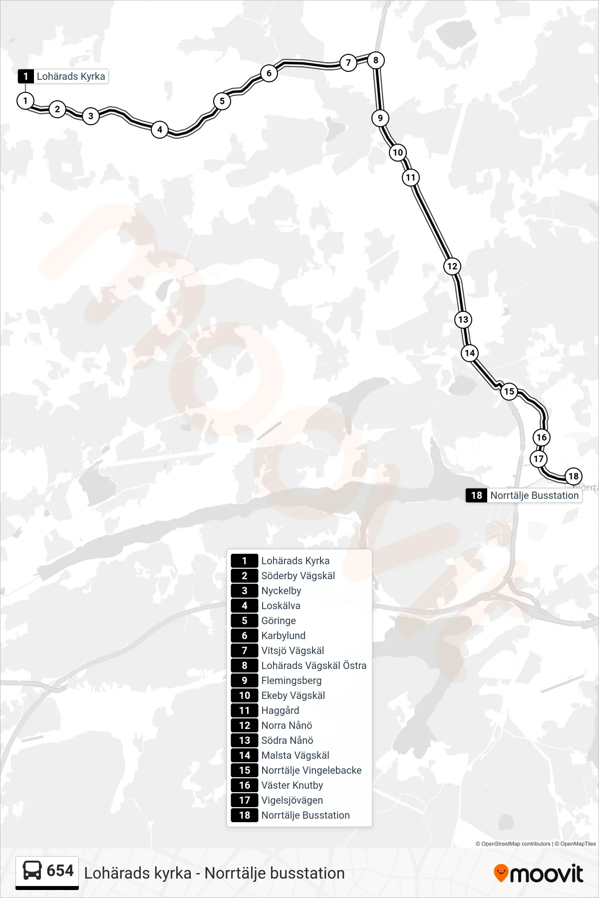 Rutt och hållplatser på karta för linje 654 buss, (Norrtälje Busstation)