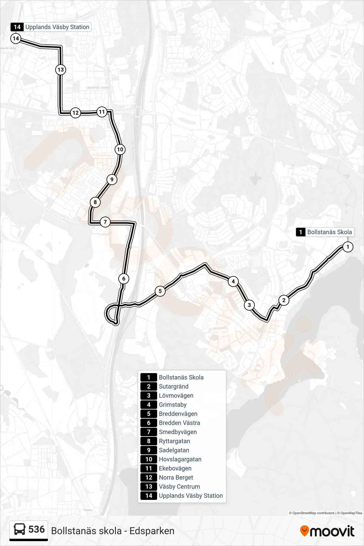 Rutt och hållplatser på karta för linje 536  buss, (Upplands Väsby Station)