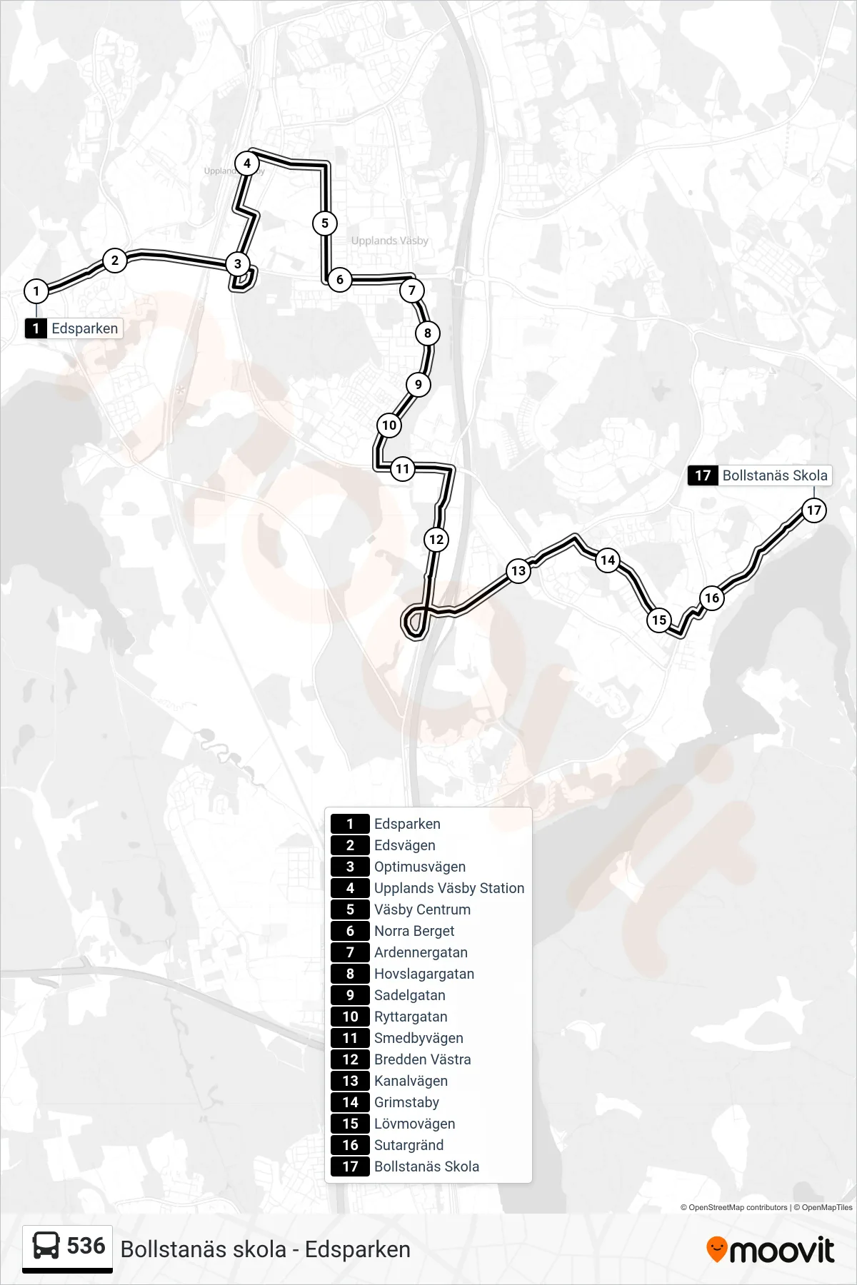 Rutt och hållplatser på karta för linje 536  buss, (Bollstanäs Skola)