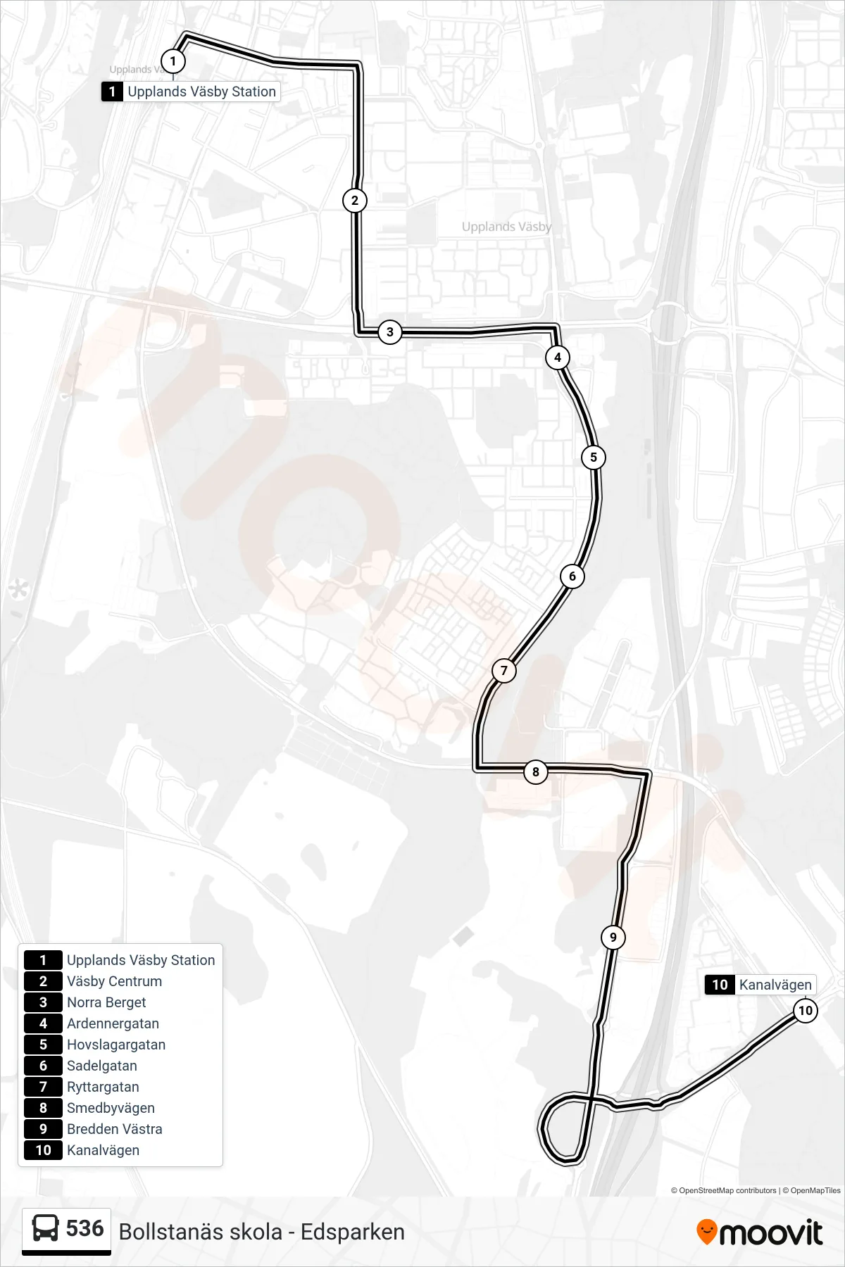 Rutt och hållplatser på karta för linje 536  buss, (Kanalvägen)