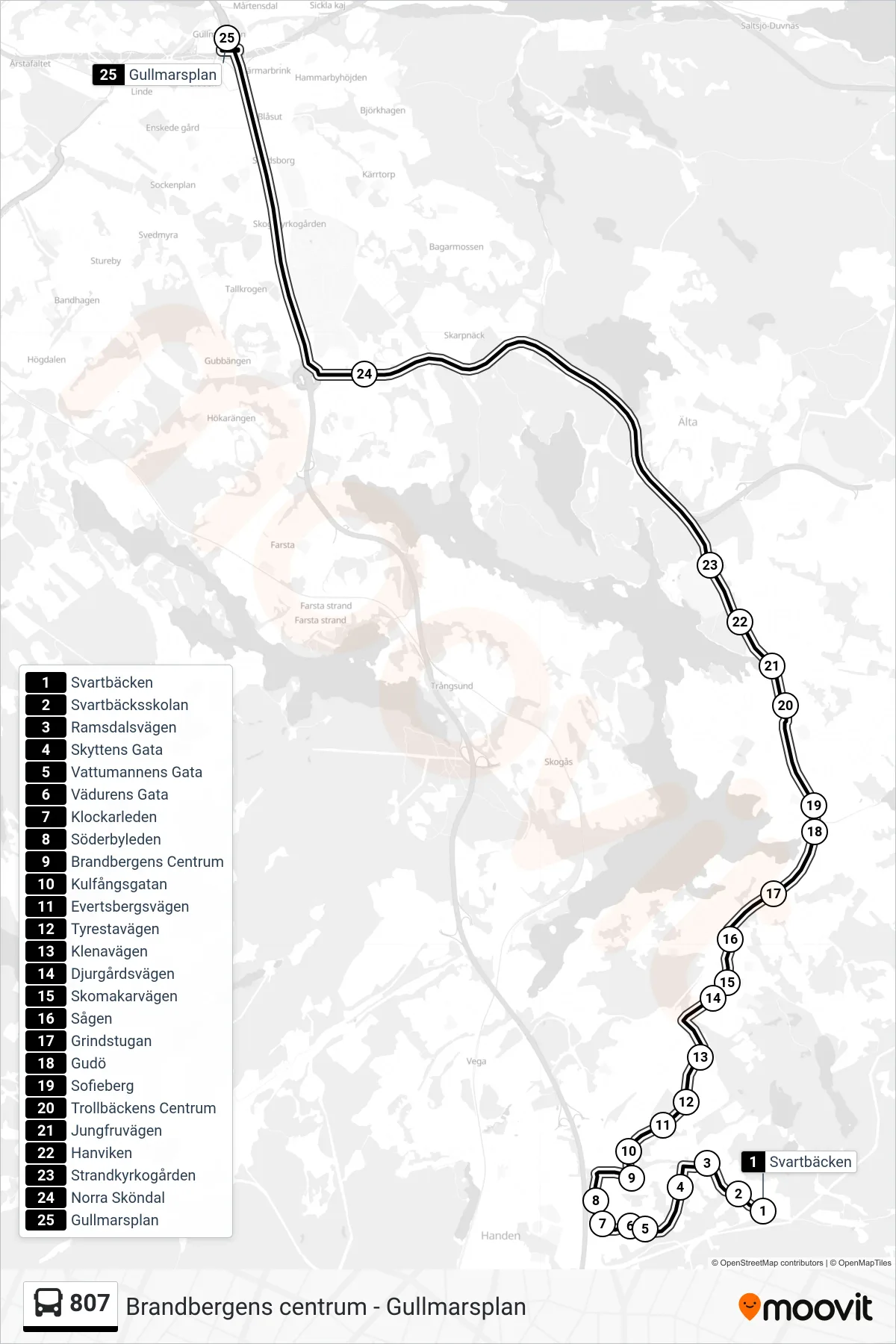 Rutt och hållplatser på karta för linje 807  buss, (Gullmarsplan)
