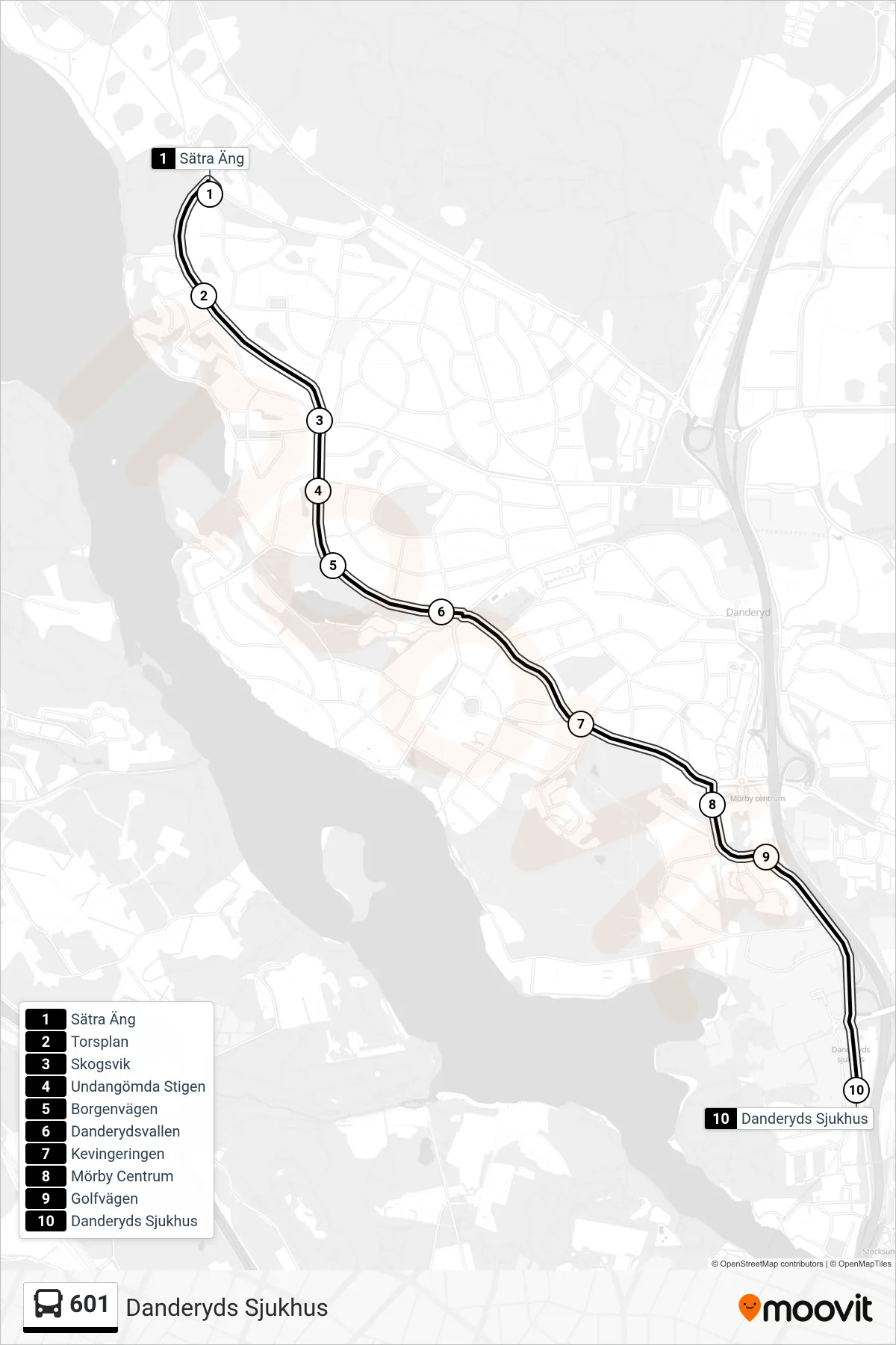Rutt och hållplatser på karta för linje 601 buss, (Danderyds Sjukhus)