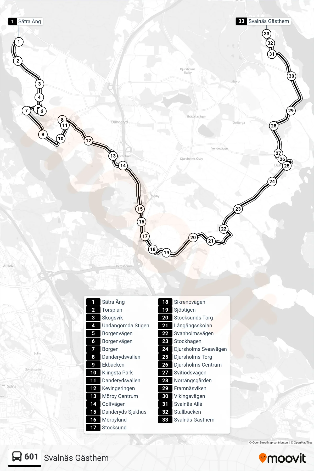 Rutt och hållplatser på karta för linje 601 buss, (Svalnäs Gästhem)
