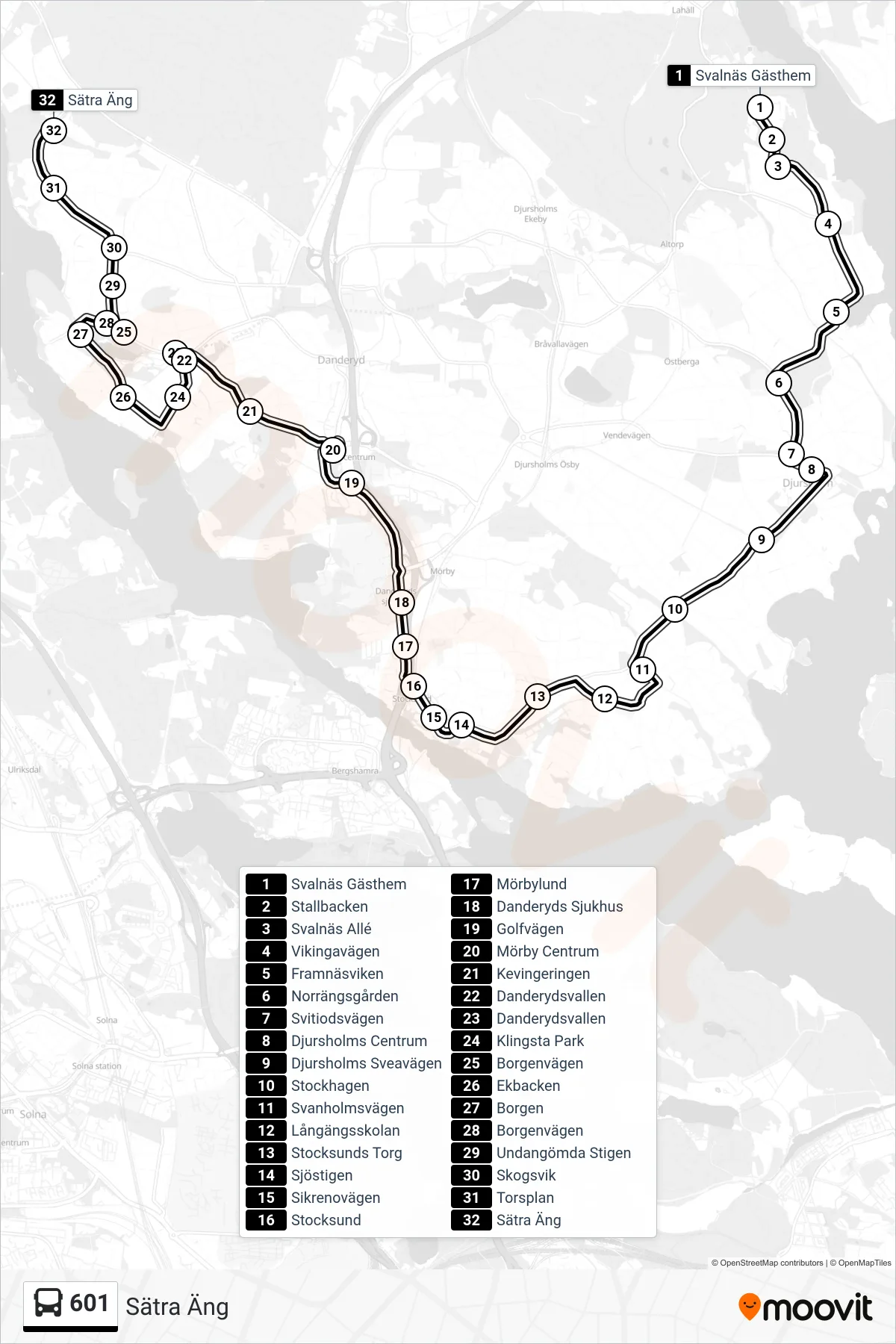 Rutt och hållplatser på karta för linje 601 buss, (Sätra Äng)
